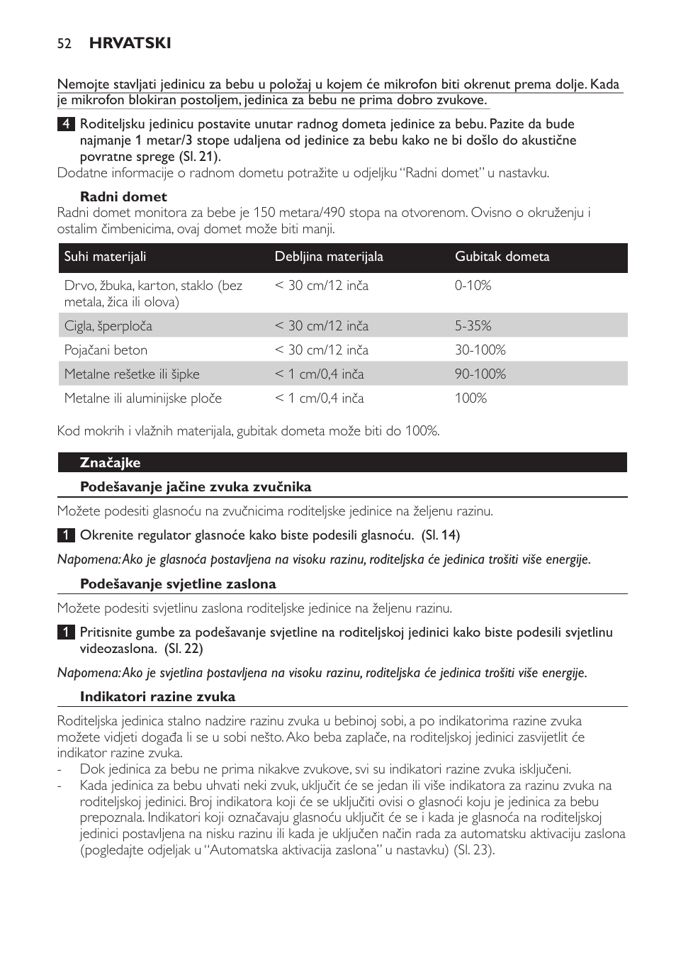 Radni domet, Značajke, Podešavanje jačine zvuka zvučnika | Podešavanje svjetline zaslona, Indikatori razine zvuka | Philips SCD600 User Manual | Page 52 / 180