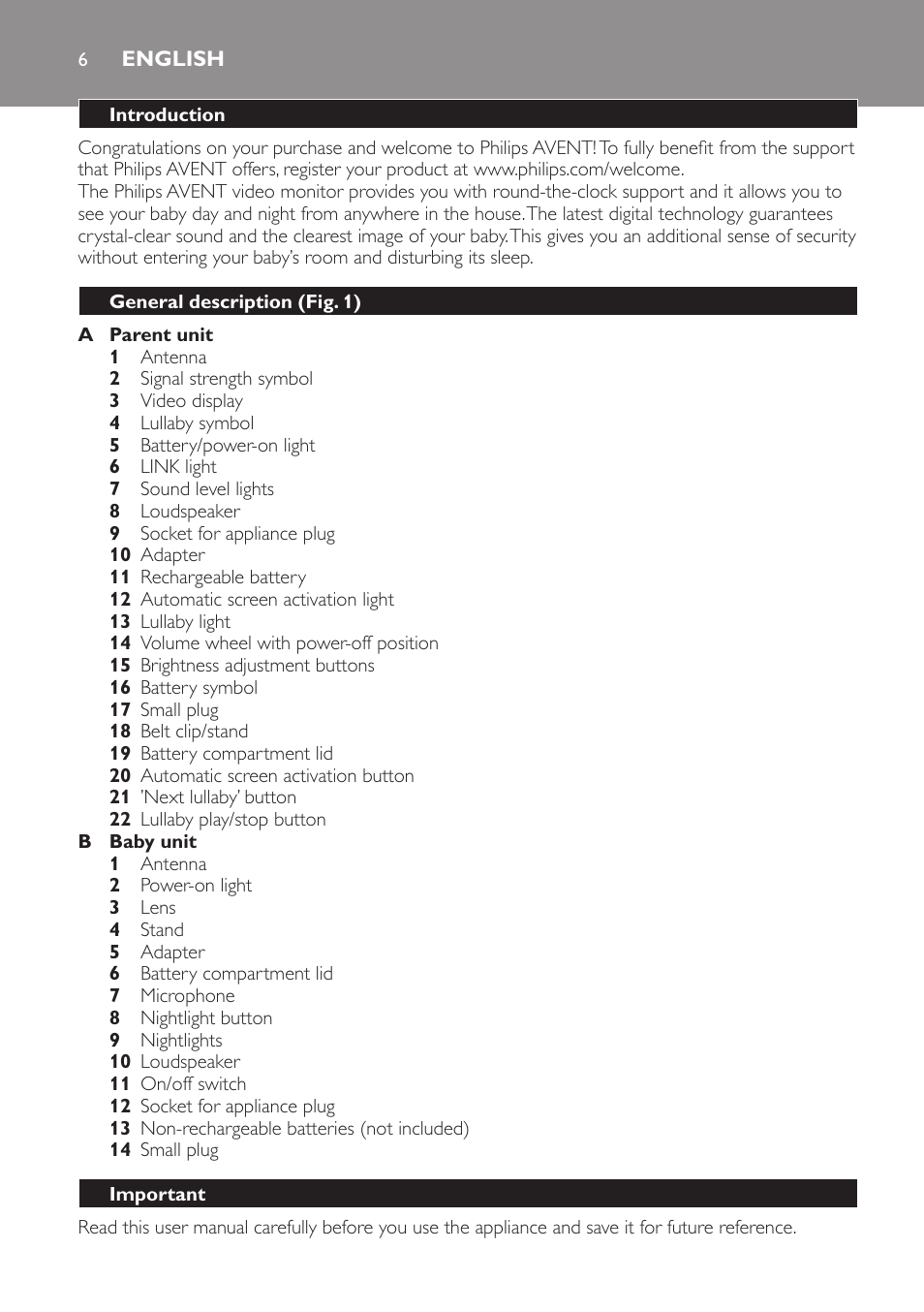 English, Introduction, General description (fig. 1) | Important | Philips SCD600 User Manual | Page 6 / 180