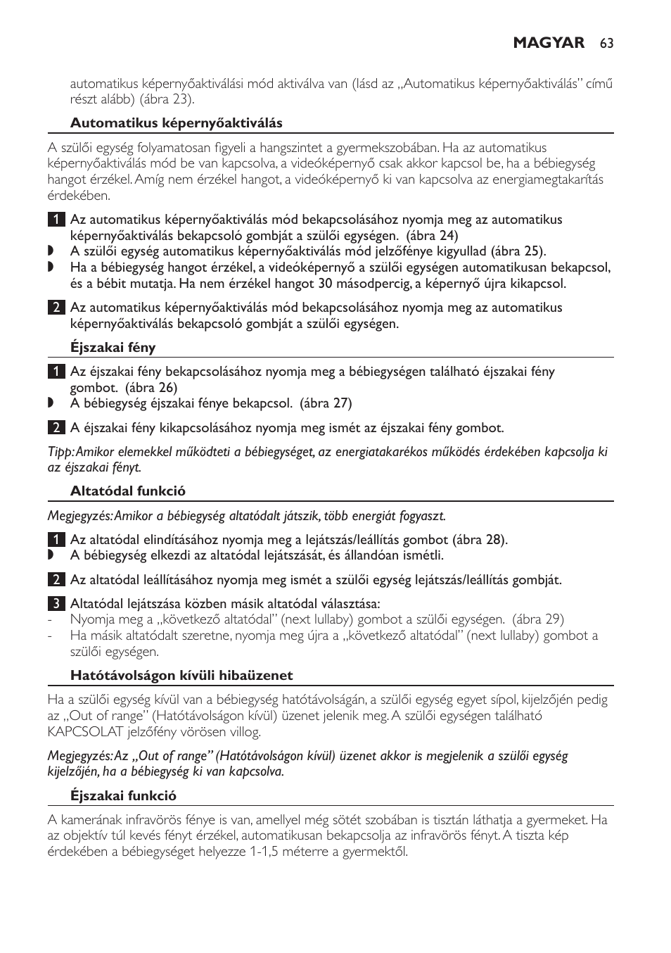 Automatikus képernyőaktiválás, Éjszakai fény, Altatódal funkció | Hatótávolságon kívüli hibaüzenet, Éjszakai funkció, Övcsat/állvány | Philips SCD600 User Manual | Page 63 / 180