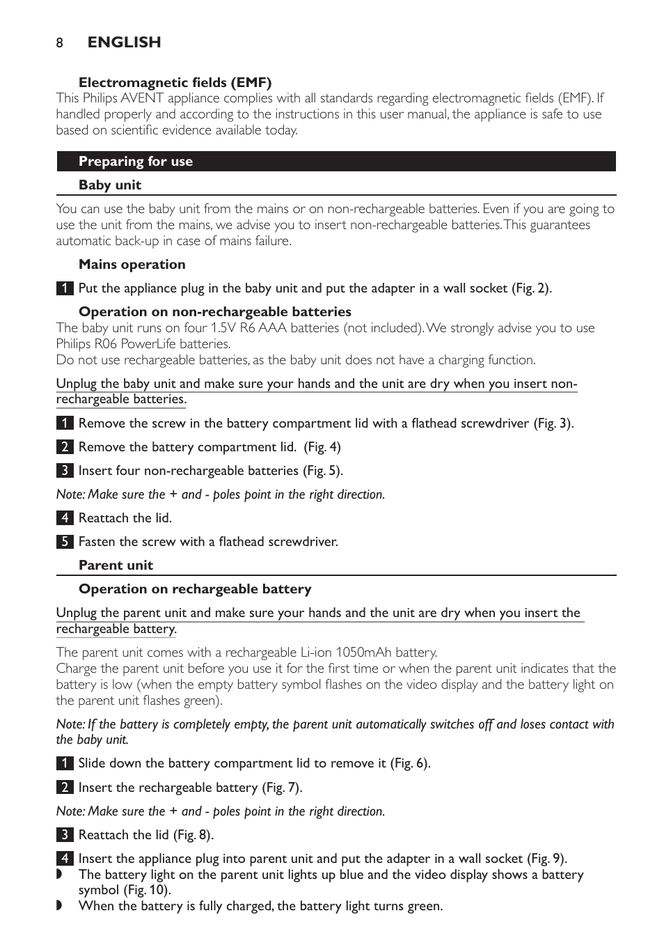Electromagnetic fields (emf), Preparing for use, Baby unit | Mains operation, Operation on non-rechargeable batteries, Parent unit, Operation on rechargeable battery | Philips SCD600 User Manual | Page 8 / 180