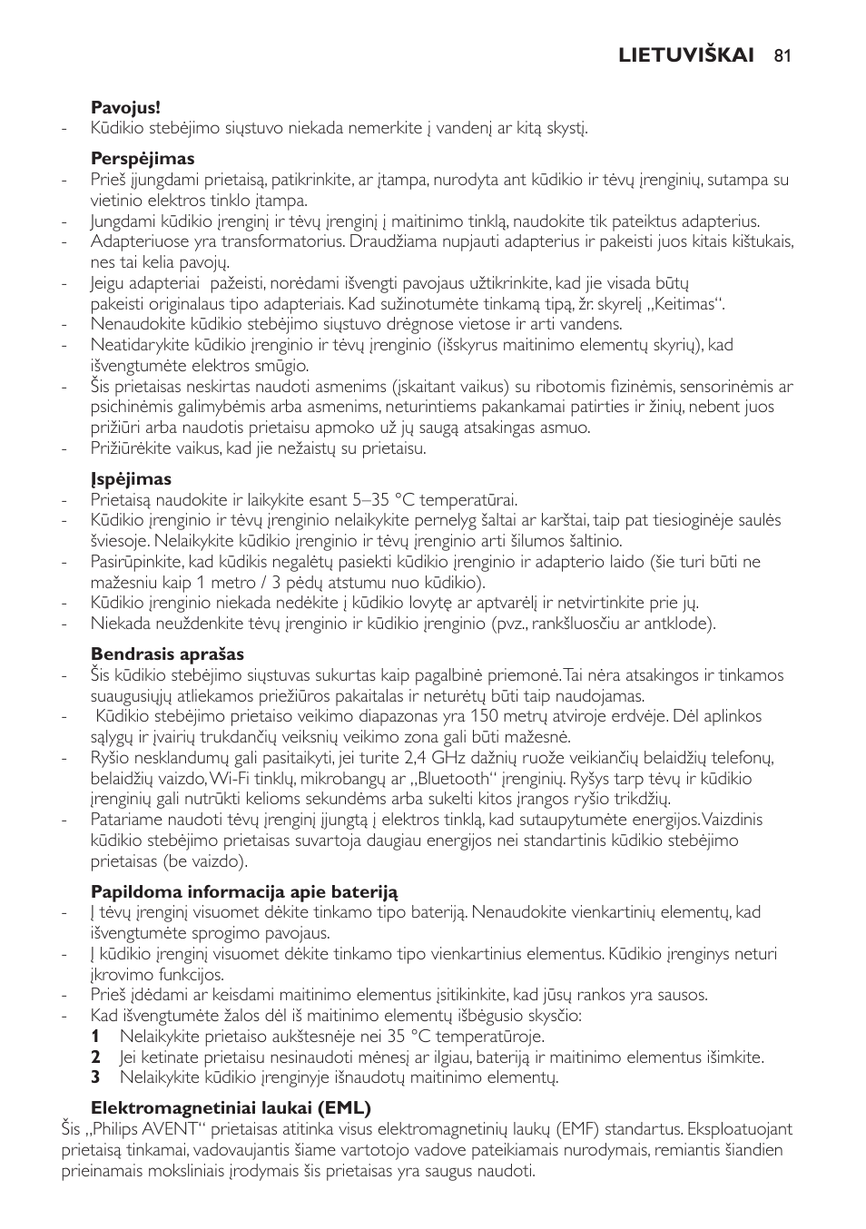 Pavojus, Perspėjimas, Įspėjimas | Bendrasis aprašas, Papildoma informacija apie bateriją, Elektromagnetiniai laukai (eml) | Philips SCD600 User Manual | Page 81 / 180