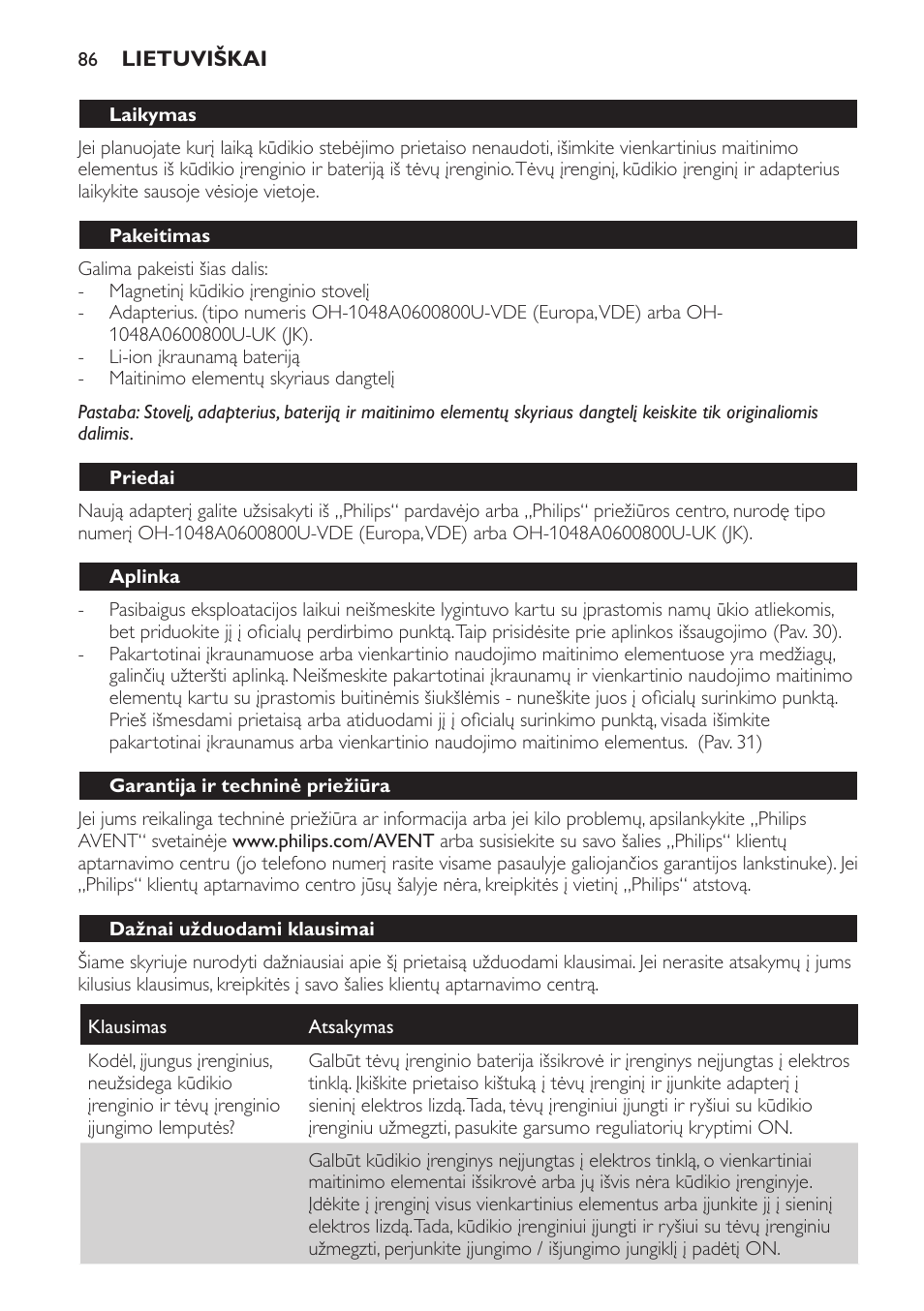 Laikymas, Pakeitimas, Priedai | Aplinka, Garantija ir techninė priežiūra, Dažnai užduodami klausimai | Philips SCD600 User Manual | Page 86 / 180
