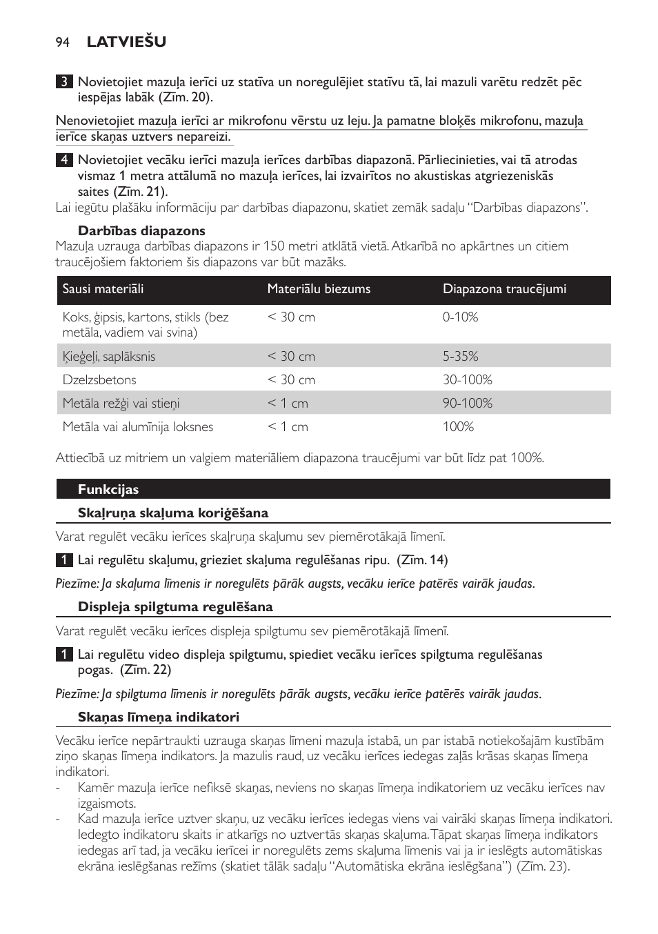 Darbības diapazons, Funkcijas, Skaļruņa skaļuma koriģēšana | Displeja spilgtuma regulēšana, Skaņas līmeņa indikatori | Philips SCD600 User Manual | Page 94 / 180
