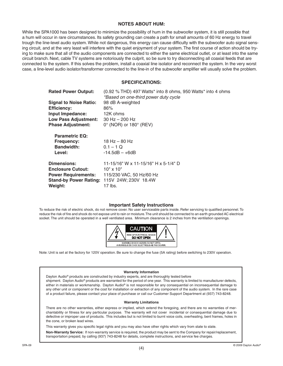 Dayton Audio SPA1000 1000W Subwoofer Plate Amplifier User Manual | Page 4 / 4