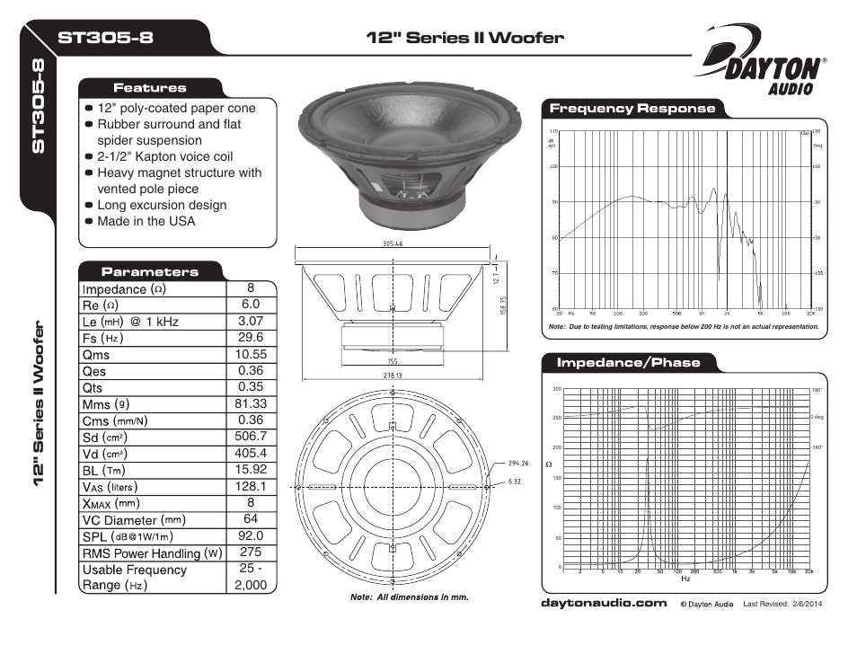 Dayton Audio ST305-8 12" Series II Woofer User Manual | 1 page