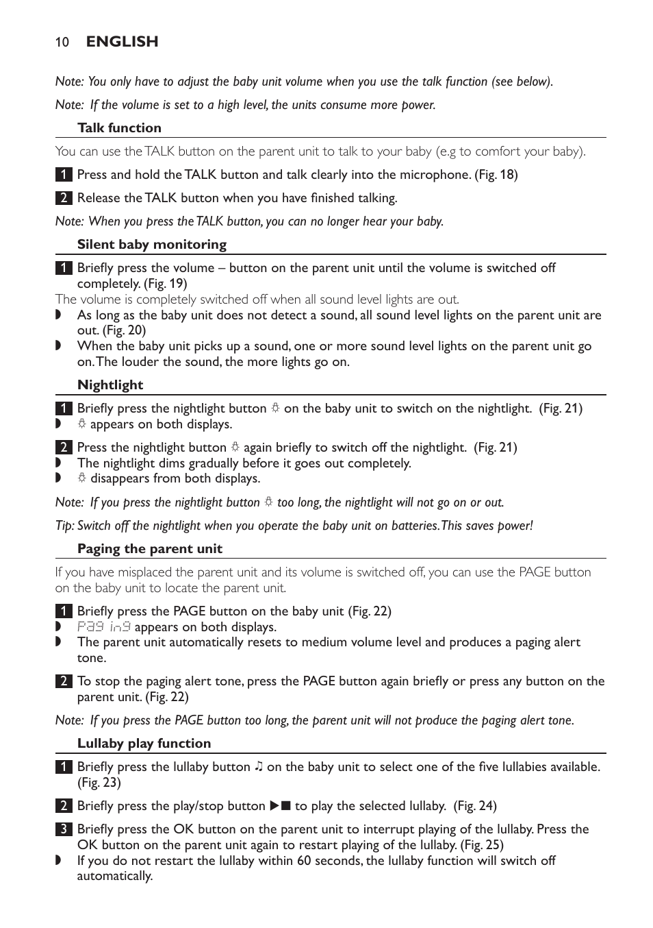 Talk function, Silent baby monitoring, Nightlight | Paging the parent unit, Lullaby play function | Philips MONITOR SCD489 User Manual | Page 10 / 196
