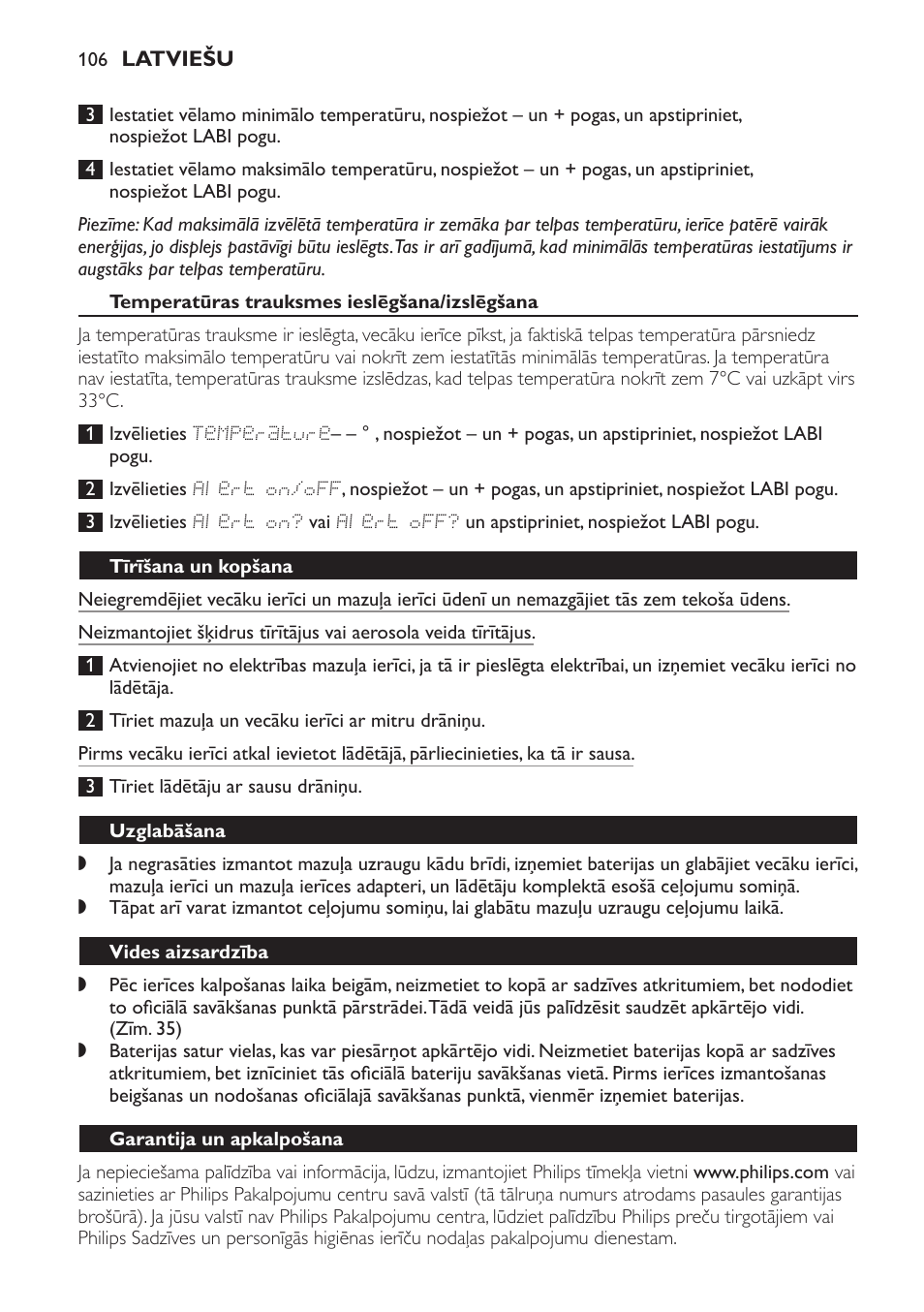 Temperatūras trauksmes ieslēgšana/izslēgšana, Tīrīšana un kopšana, Uzglabāšana | Vides aizsardzība, Garantija un apkalpošana | Philips MONITOR SCD489 User Manual | Page 106 / 196