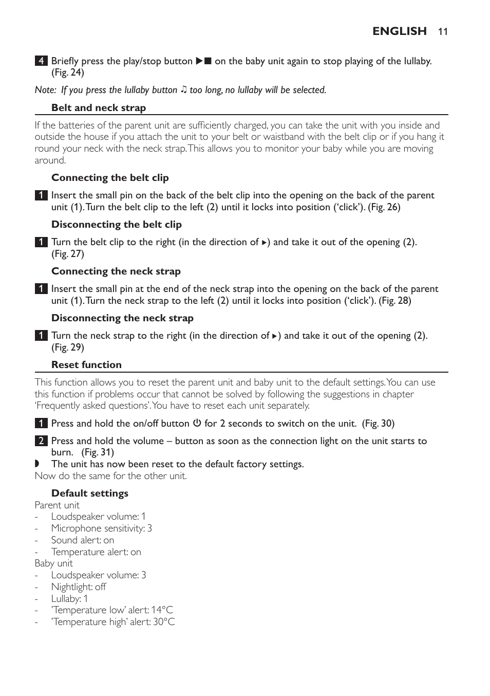 Belt and neck strap, Connecting the belt clip, Disconnecting the belt clip | Connecting the neck strap, Disconnecting the neck strap, Reset function, Default settings, Menu options | Philips MONITOR SCD489 User Manual | Page 11 / 196