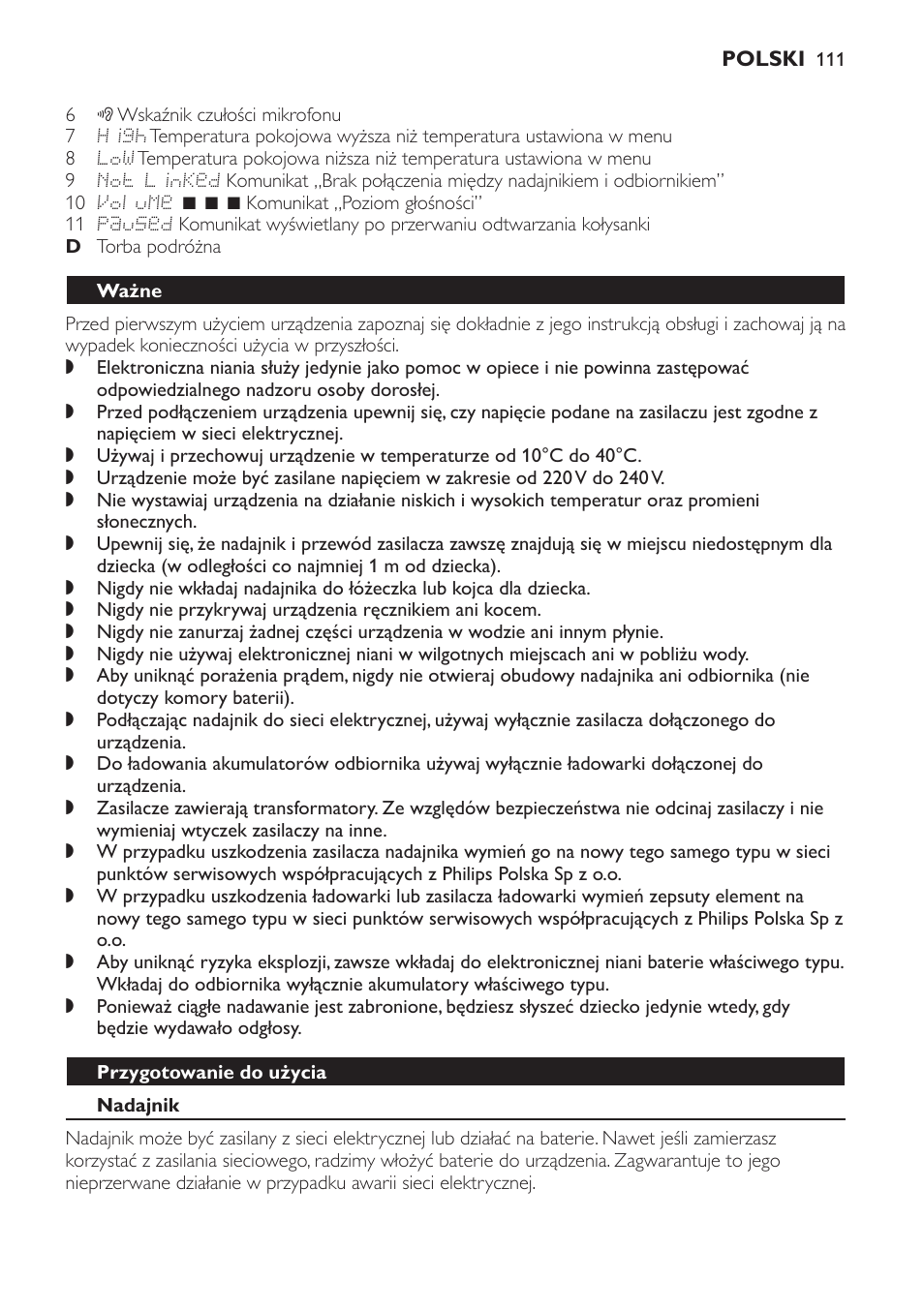 Ważne, Przygotowanie do użycia, Nadajnik | Zasilanie sieciowe, Zasilanie bateryjne | Philips MONITOR SCD489 User Manual | Page 111 / 196