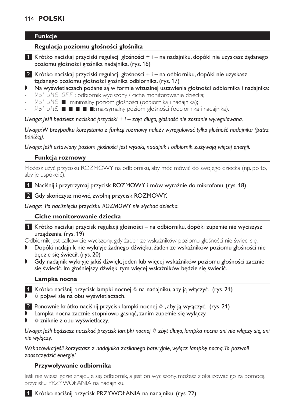 Funkcja rozmowy, Ciche monitorowanie dziecka, Lampka nocna | Przywoływanie odbiornika | Philips MONITOR SCD489 User Manual | Page 114 / 196