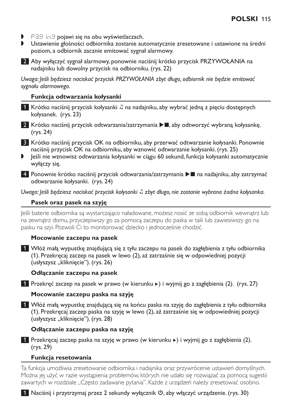 Funkcja odtwarzania kołysanki, Pasek oraz pasek na szyję, Mocowanie zaczepu na pasek | Odłączanie zaczepu na pasek, Mocowanie zaczepu paska na szyję, Odłączanie zaczepu paska na szyję, Funkcja resetowania, Ustawienia domyślne | Philips MONITOR SCD489 User Manual | Page 115 / 196