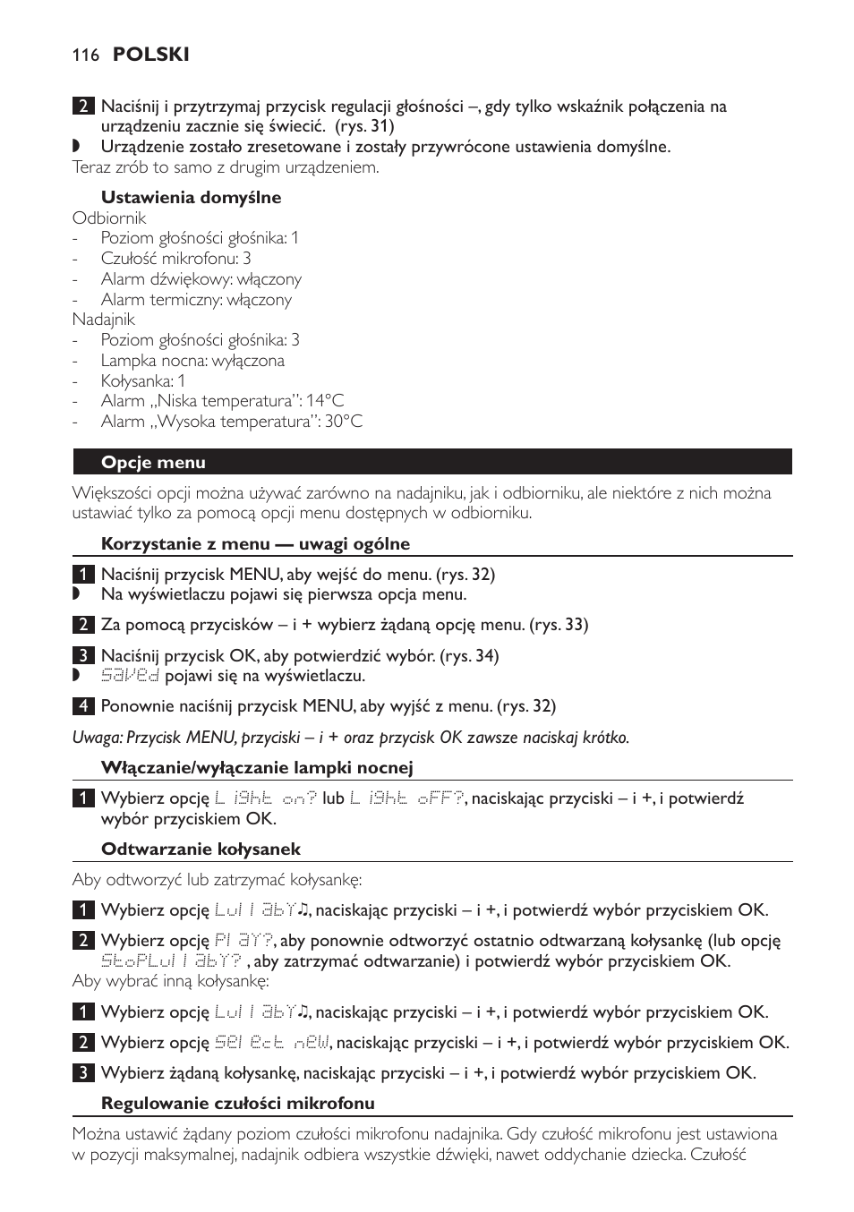 Opcje menu, Korzystanie z menu — uwagi ogólne, Włączanie/wyłączanie lampki nocnej | Odtwarzanie kołysanek, Regulowanie czułości mikrofonu | Philips MONITOR SCD489 User Manual | Page 116 / 196