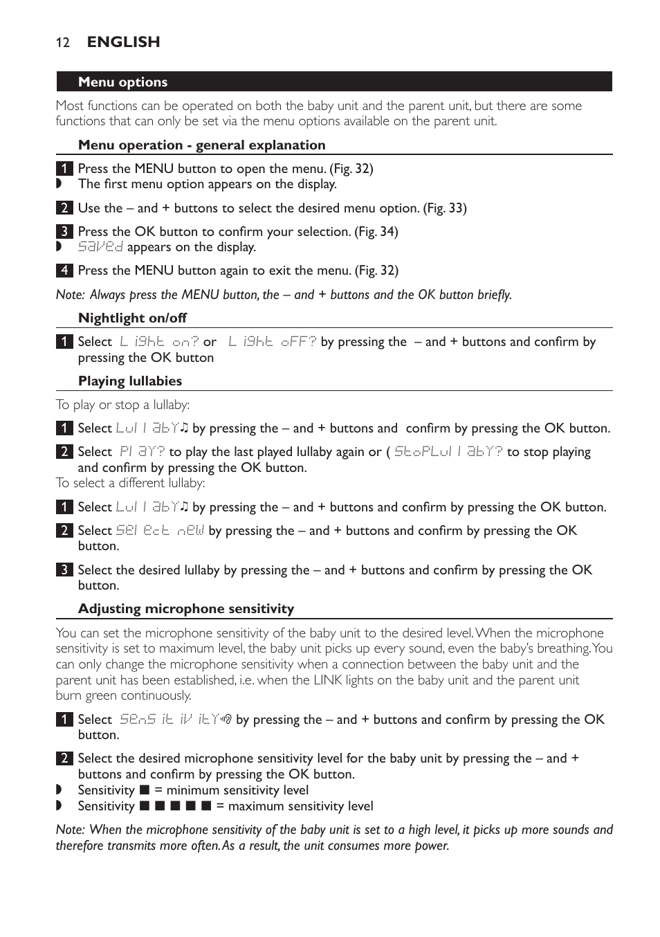 Menu operation - general explanation, Nightlight on/off, Playing lullabies | Adjusting microphone sensitivity, Sound alert on/of, Setting room temperature range | Philips MONITOR SCD489 User Manual | Page 12 / 196