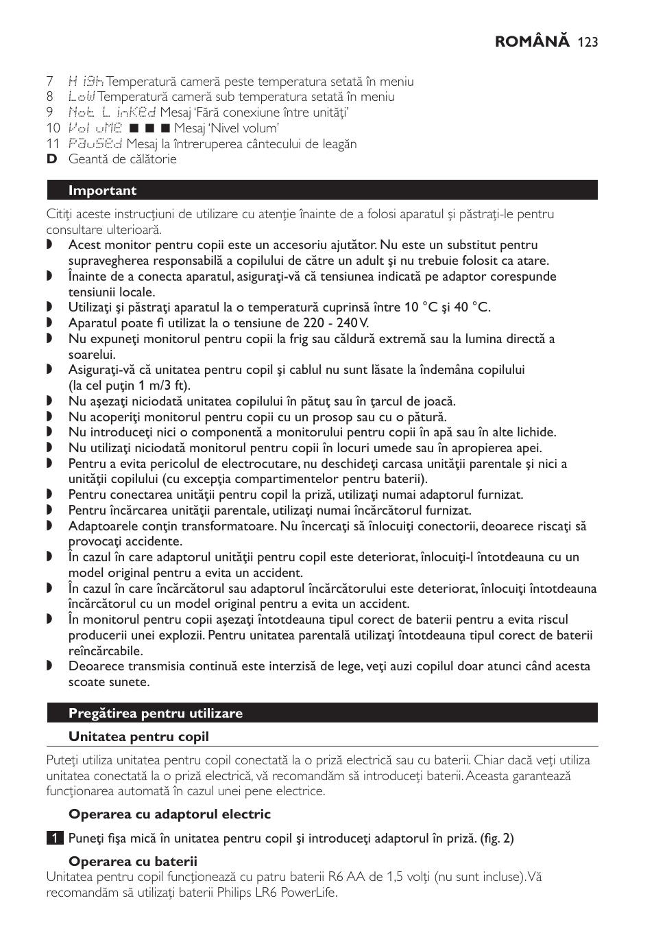 Important, Pregătirea pentru utilizare, Unitatea pentru copil | Operarea cu adaptorul electric, Operarea cu baterii | Philips MONITOR SCD489 User Manual | Page 123 / 196