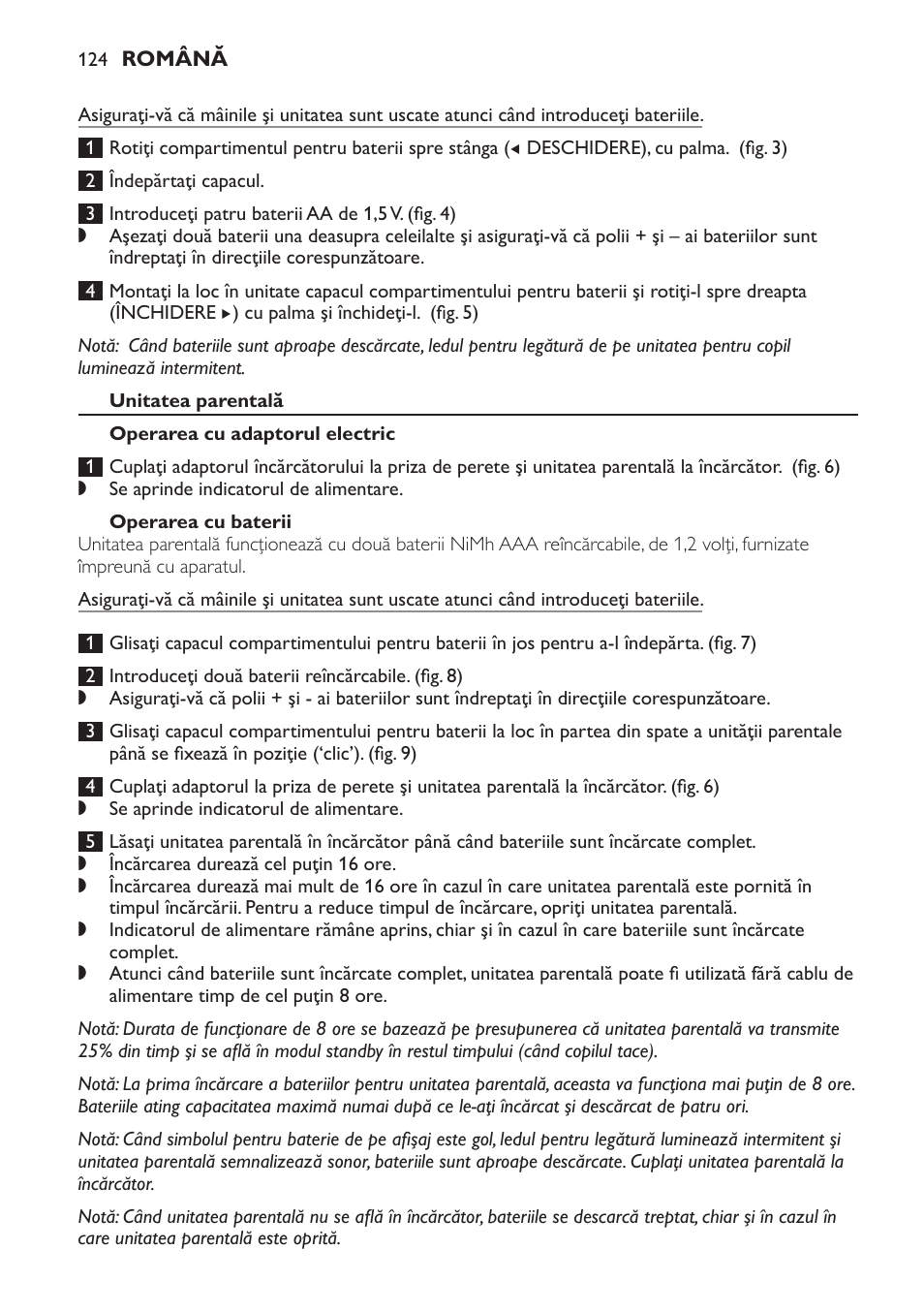 Unitatea parentală, Operarea cu adaptorul electric, Operarea cu baterii | Philips MONITOR SCD489 User Manual | Page 124 / 196