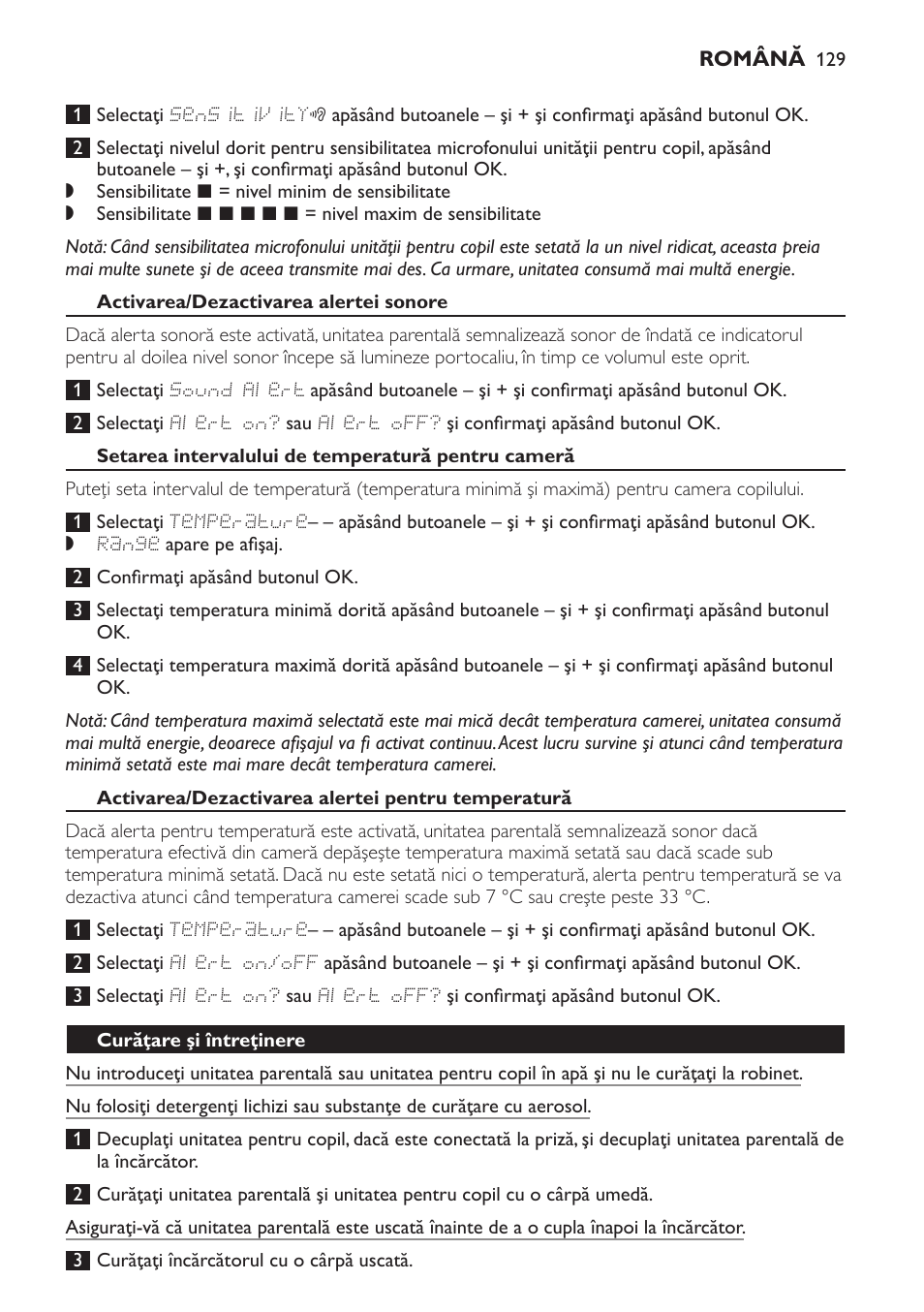 Activarea/dezactivarea alertei sonore, Setarea intervalului de temperatură pentru cameră, Activarea/dezactivarea alertei pentru temperatură | Curăţare şi întreţinere | Philips MONITOR SCD489 User Manual | Page 129 / 196