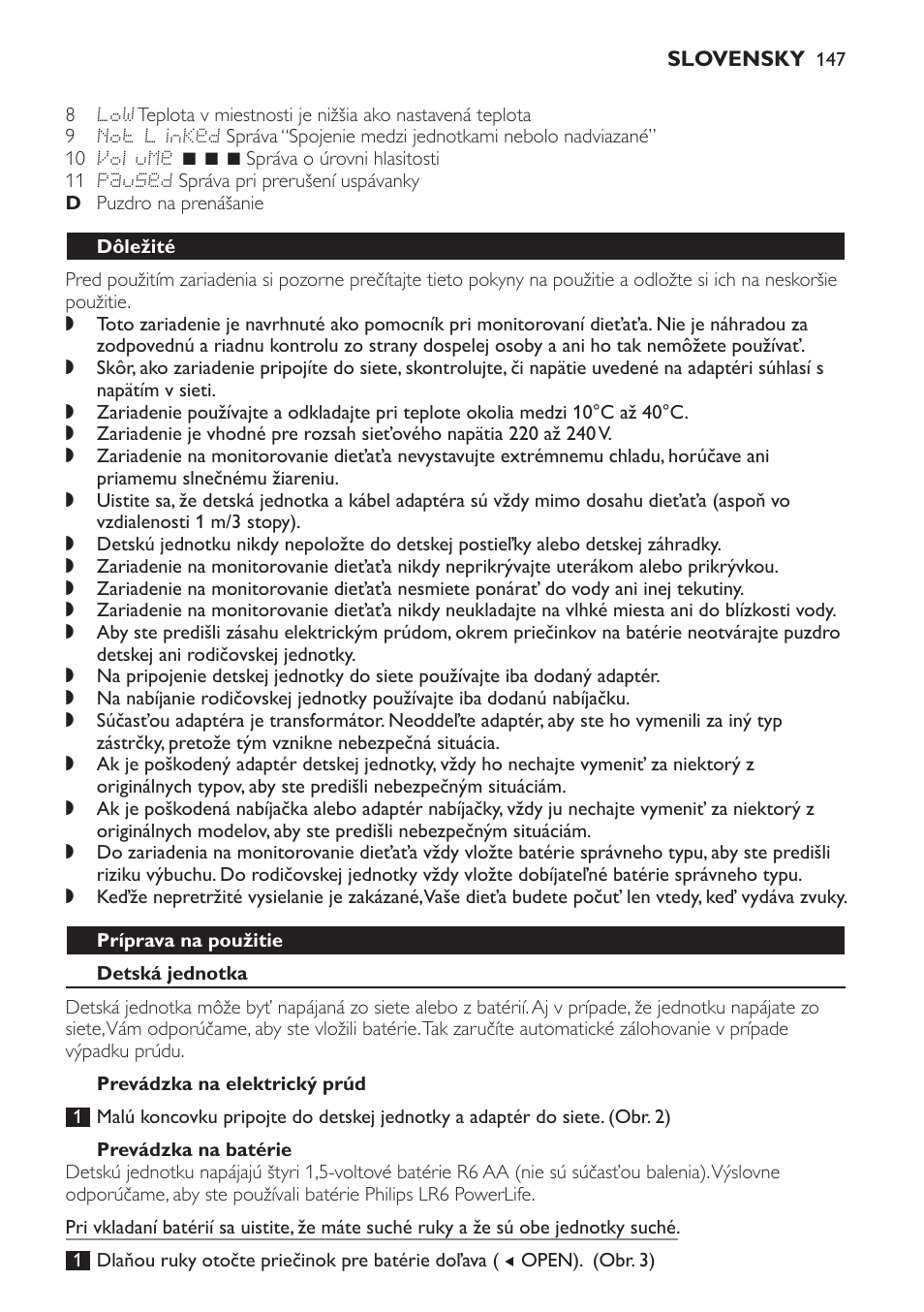 Dôležité, Príprava na použitie, Detská jednotka | Prevádzka na elektrický prúd, Prevádzka na batérie | Philips MONITOR SCD489 User Manual | Page 147 / 196