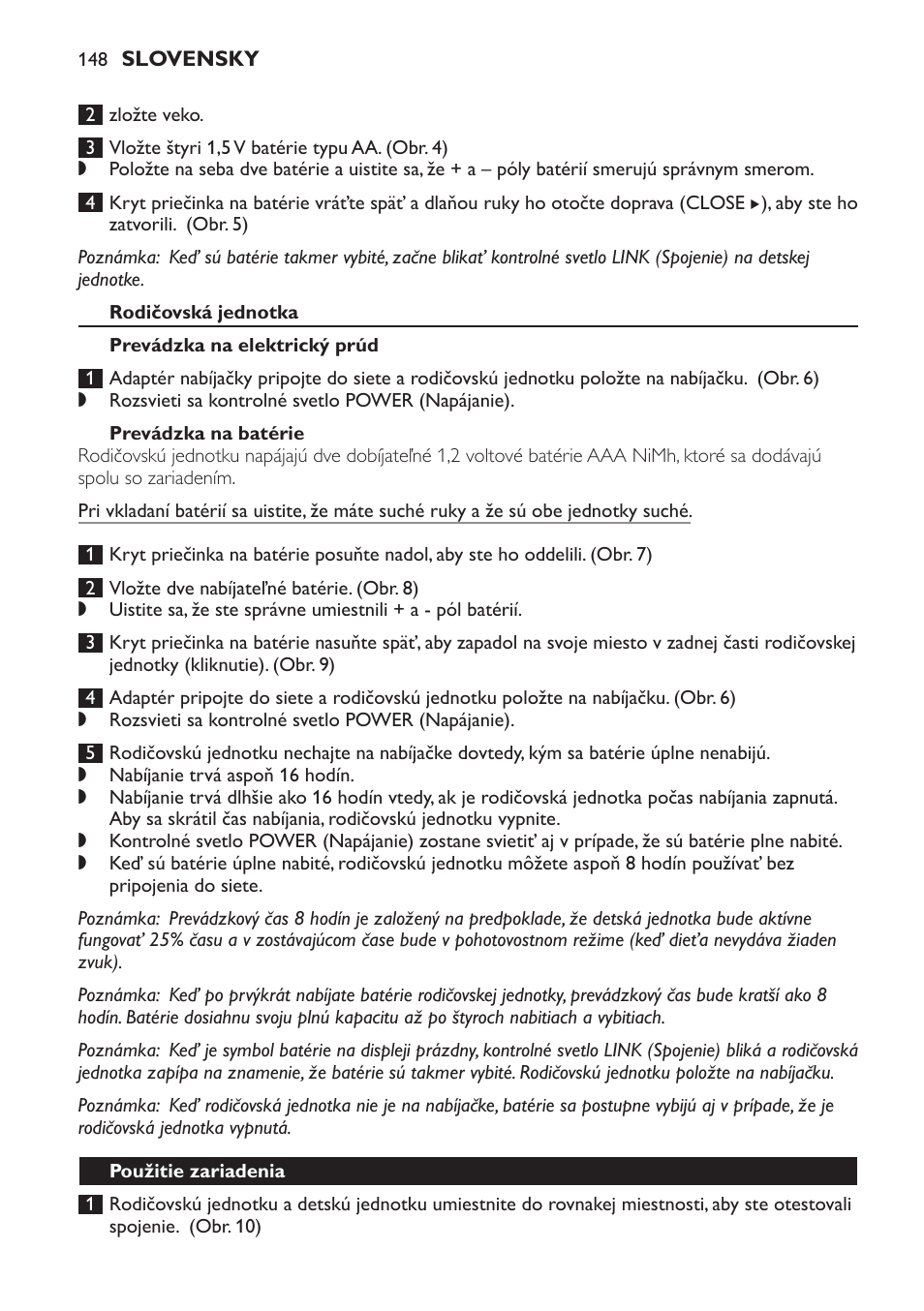Rodičovská jednotka, Prevádzka na elektrický prúd, Prevádzka na batérie | Použitie zariadenia | Philips MONITOR SCD489 User Manual | Page 148 / 196
