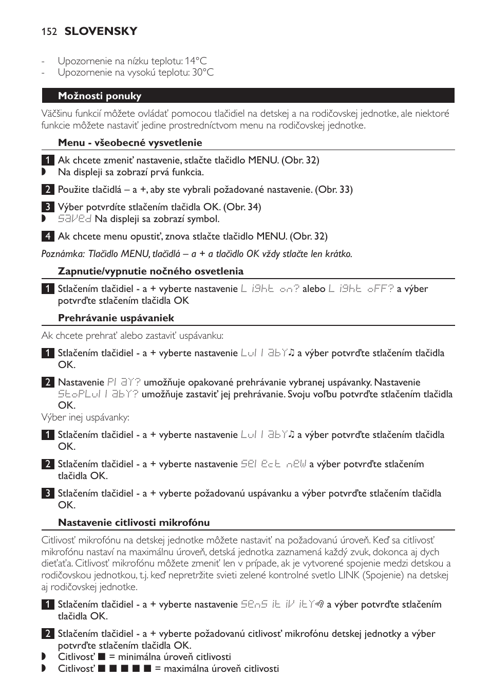Možnosti ponuky, Menu - všeobecné vysvetlenie, Zapnutie/vypnutie nočného osvetlenia | Prehrávanie uspávaniek, Nastavenie citlivosti mikrofónu, Zapnutie a vypnutie zvukovej signalizácie | Philips MONITOR SCD489 User Manual | Page 152 / 196