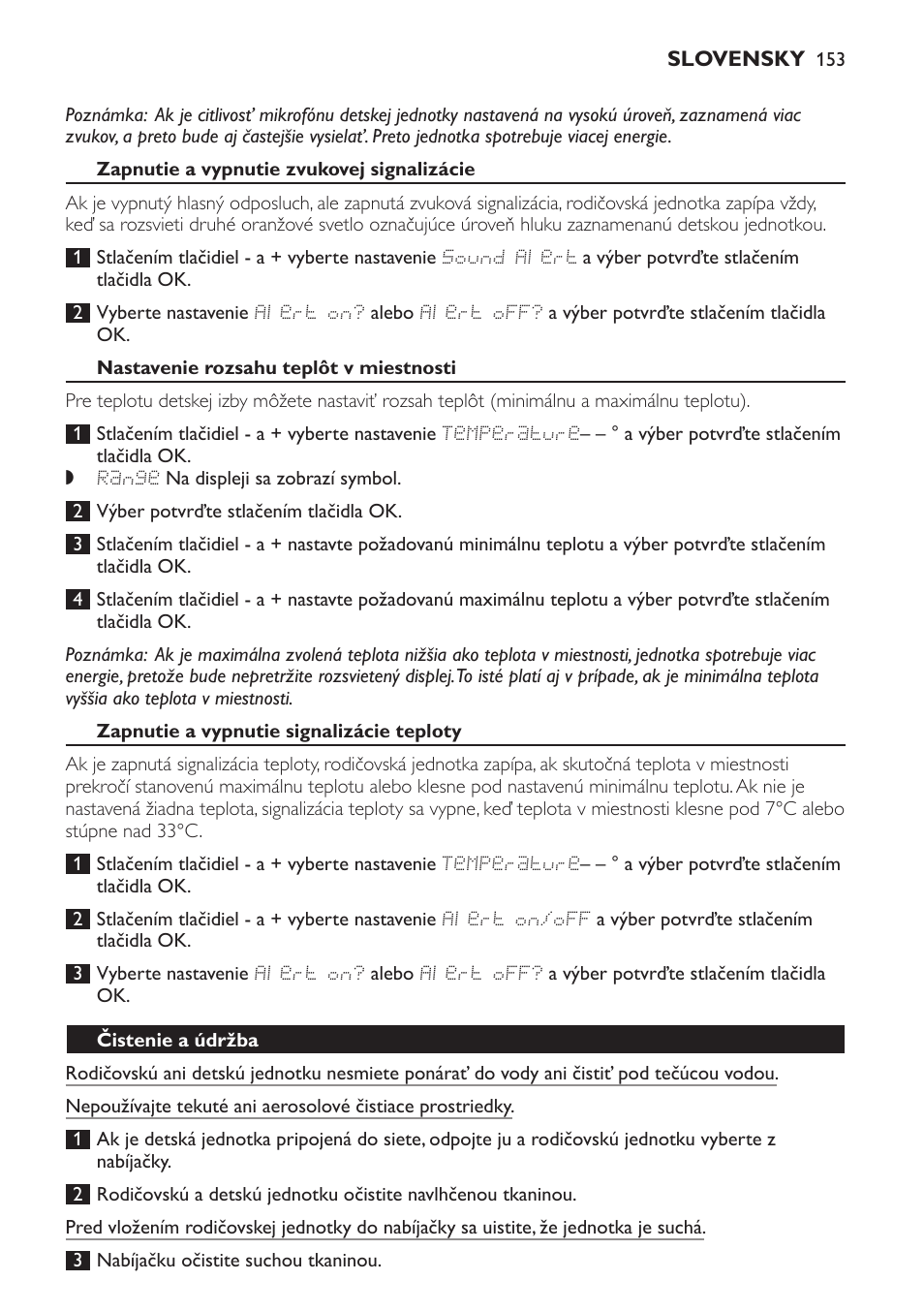 Nastavenie rozsahu teplôt v miestnosti, Zapnutie a vypnutie signalizácie teploty, Čistenie a údržba | Odkladanie | Philips MONITOR SCD489 User Manual | Page 153 / 196