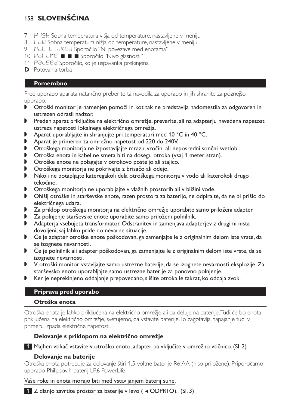 Pomembno, Priprava pred uporabo, Otroška enota | Delovanje s priklopom na električno omrežje, Delovanje na baterije | Philips MONITOR SCD489 User Manual | Page 158 / 196
