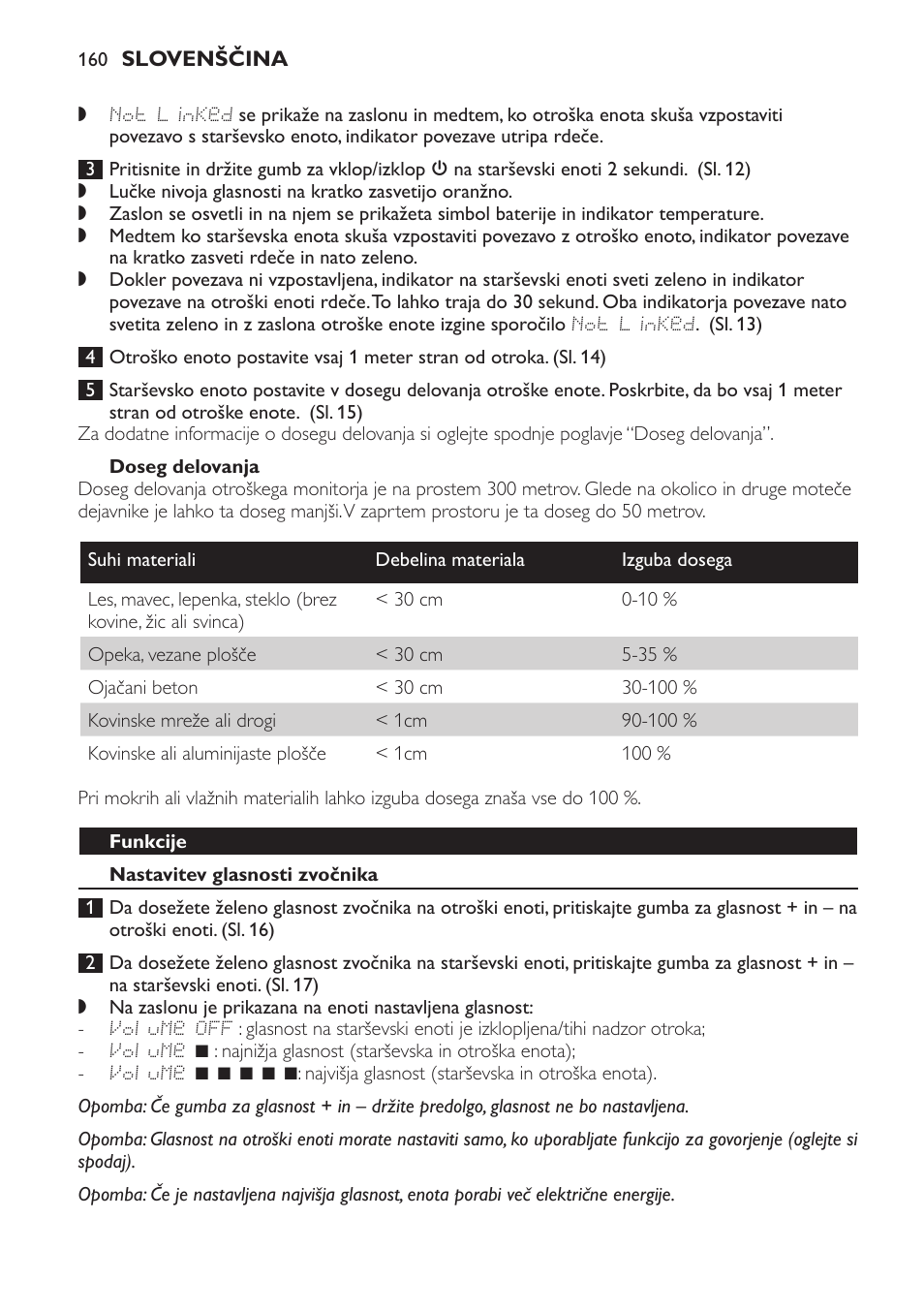 Doseg delovanja, Funkcije, Nastavitev glasnosti zvočnika | Philips MONITOR SCD489 User Manual | Page 160 / 196