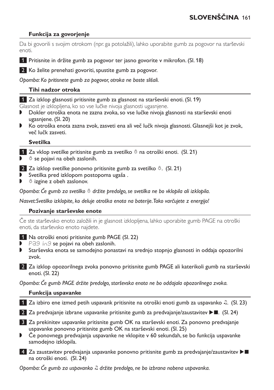 Funkcija za govorjenje, Tihi nadzor otroka, Svetilka | Pozivanje starševske enote, Funkcija uspavanke | Philips MONITOR SCD489 User Manual | Page 161 / 196