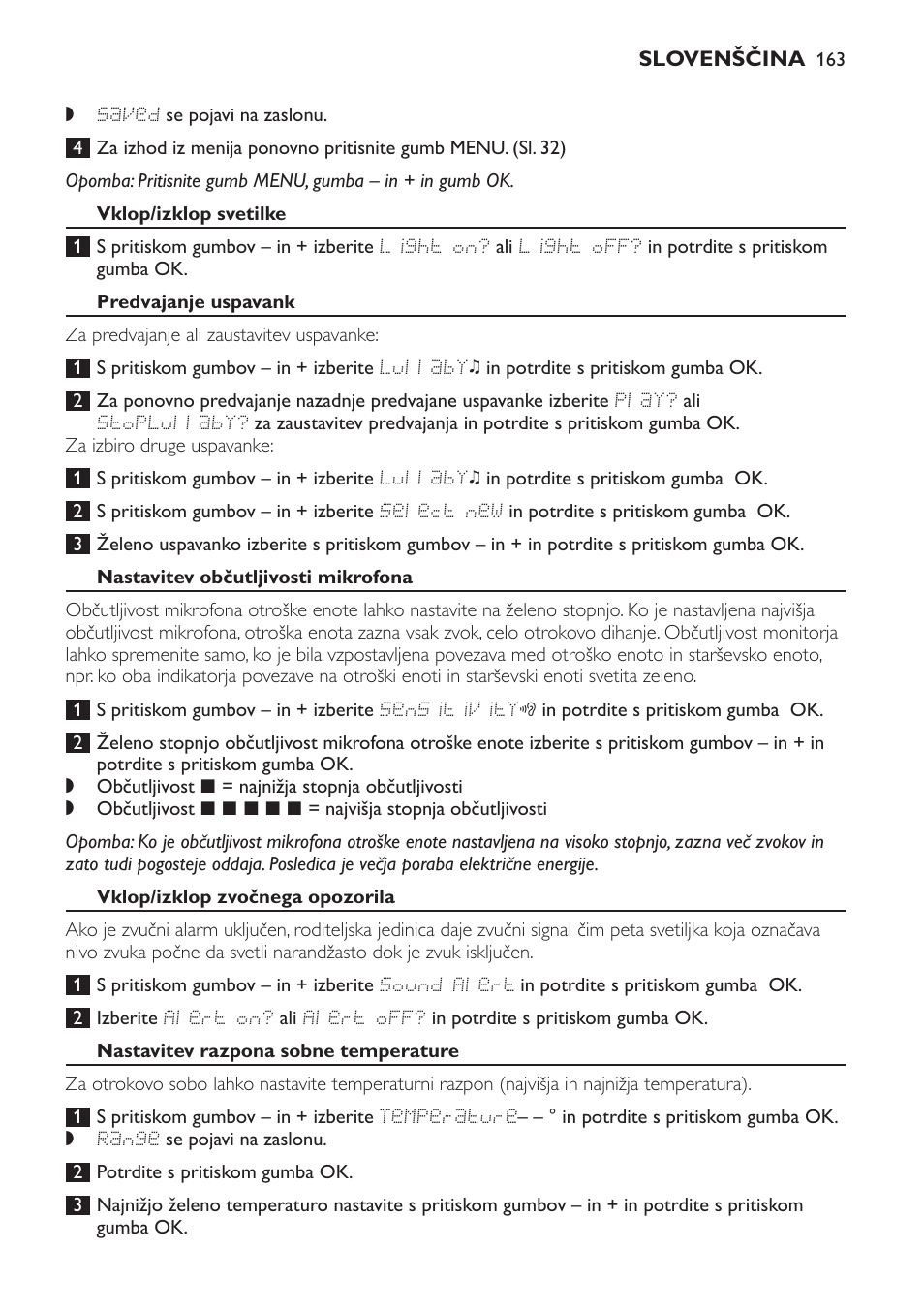 Vklop/izklop svetilke, Predvajanje uspavank, Nastavitev občutljivosti mikrofona | Vklop/izklop zvočnega opozorila, Nastavitev razpona sobne temperature | Philips MONITOR SCD489 User Manual | Page 163 / 196