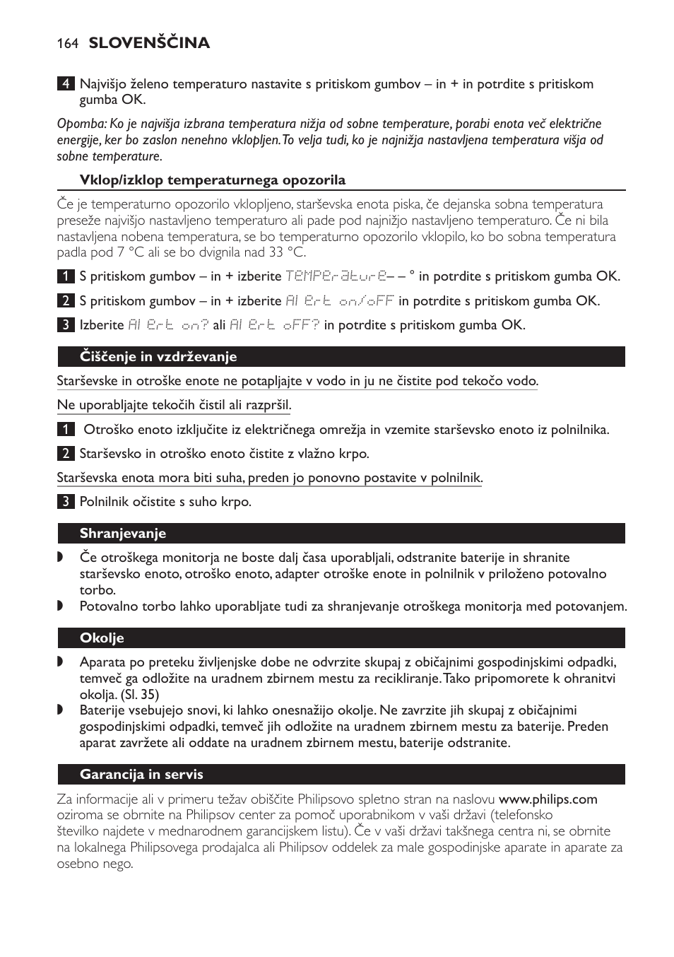 Vklop/izklop temperaturnega opozorila, Čiščenje in vzdrževanje, Shranjevanje | Okolje, Garancija in servis, Pogosto zastavljena vprašanja | Philips MONITOR SCD489 User Manual | Page 164 / 196