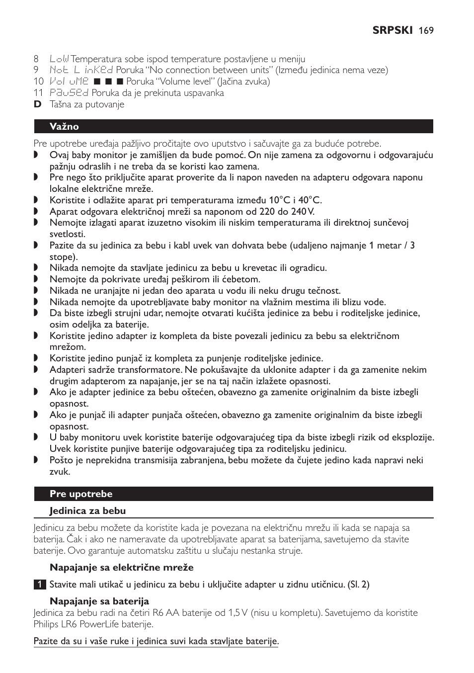 Važno, Pre upotrebe, Jedinica za bebu | Napajanje sa električne mreže, Napajanje sa baterija | Philips MONITOR SCD489 User Manual | Page 169 / 196