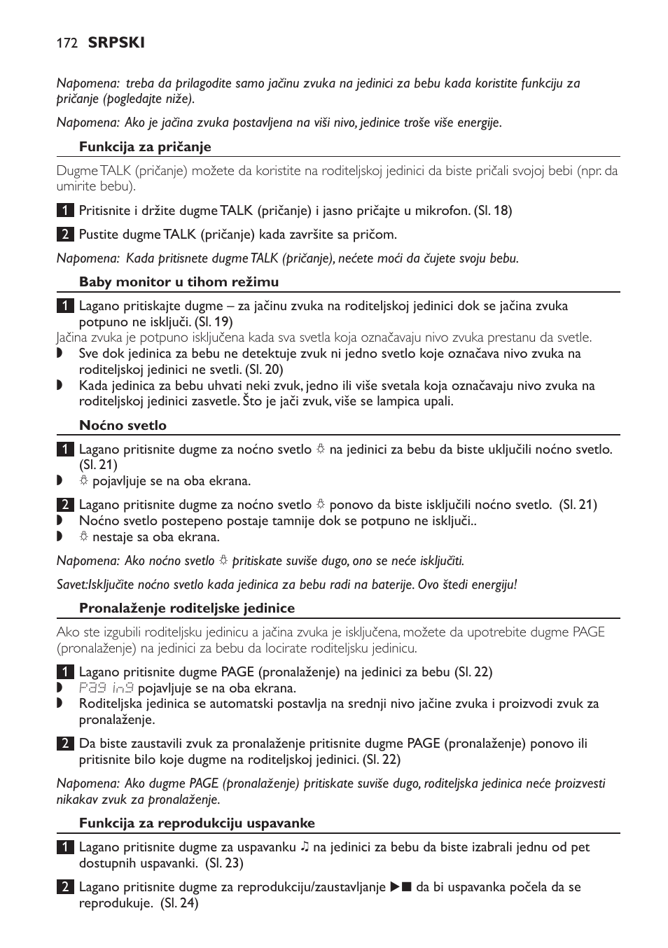 Funkcija za pričanje, Baby monitor u tihom režimu, Noćno svetlo | Pronalaženje roditeljske jedinice, Funkcija za reprodukciju uspavanke | Philips MONITOR SCD489 User Manual | Page 172 / 196
