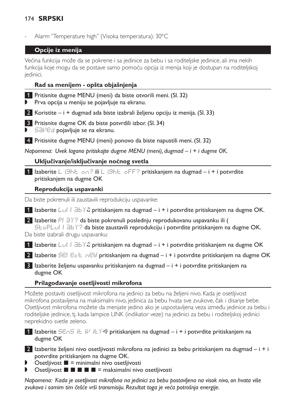 Opcije iz menija, Rad sa menijem - opšta objašnjenja, Uključivanje/isključivanje noćnog svetla | Reprodukcija uspavanki, Prilagođavanje osetljivosti mikrofona, Uključivanje/isključivanje zvučnog alarma | Philips MONITOR SCD489 User Manual | Page 174 / 196