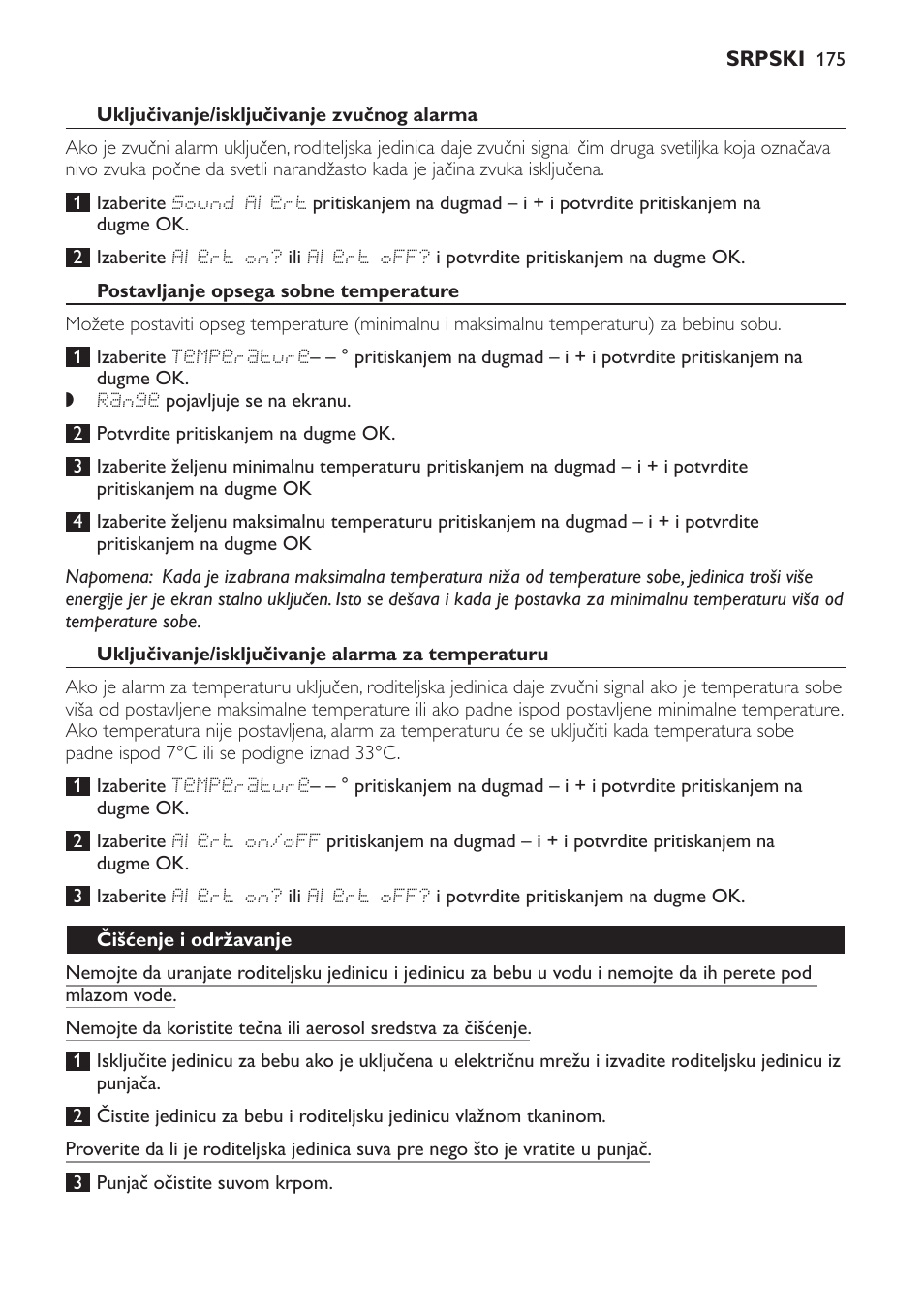 Postavljanje opsega sobne temperature, Uključivanje/isključivanje alarma za temperaturu, Čišćenje i održavanje | Odlaganje, Zaštita okoline | Philips MONITOR SCD489 User Manual | Page 175 / 196