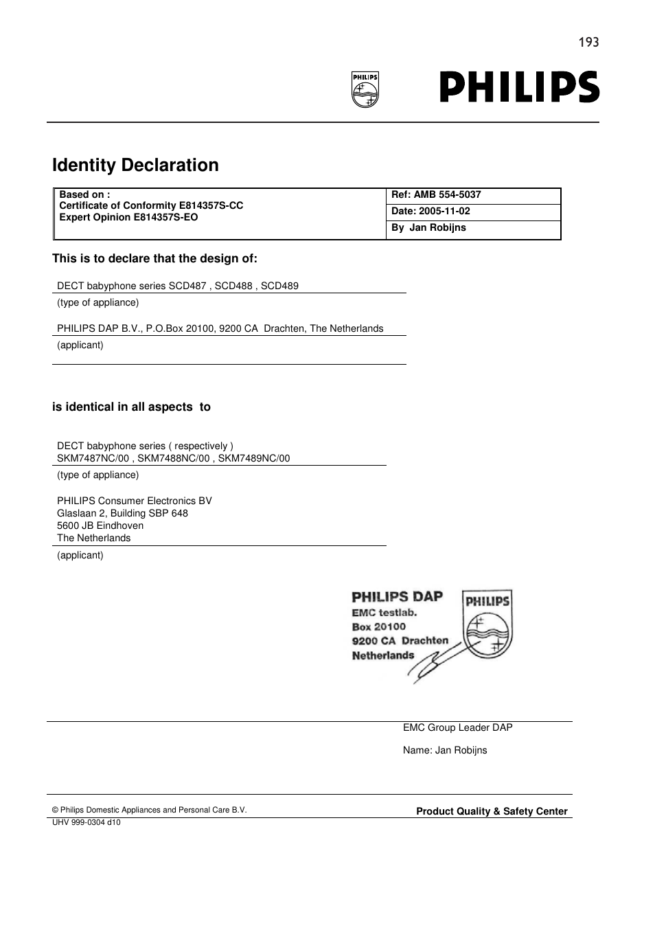 Identity declaration | Philips MONITOR SCD489 User Manual | Page 193 / 196