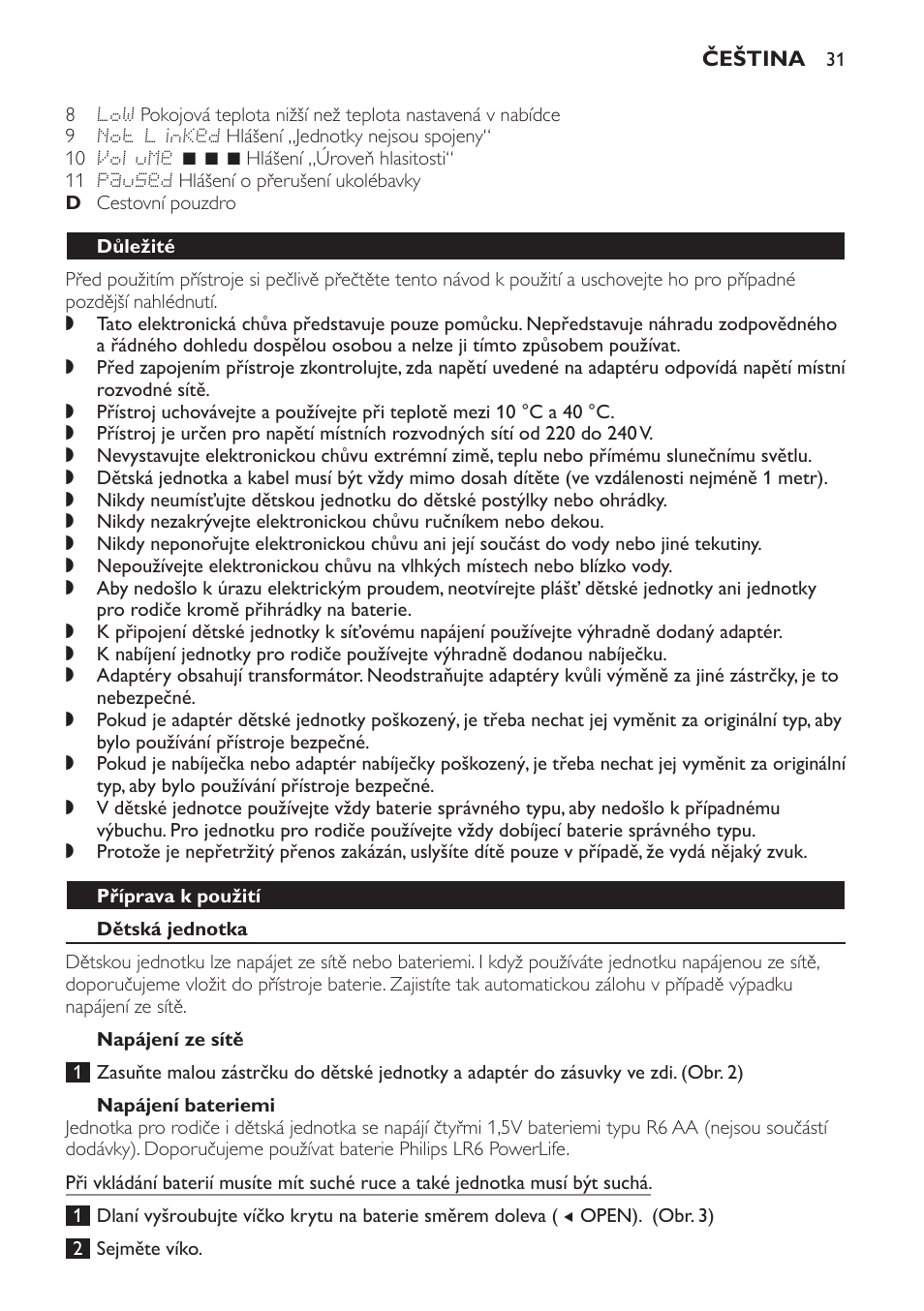 Důležité, Příprava k použití, Dětská jednotka | Napájení ze sítě, Napájení bateriemi | Philips MONITOR SCD489 User Manual | Page 31 / 196