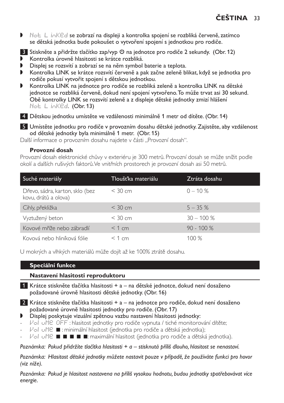Provozní dosah, Speciální funkce, Nastavení hlasitosti reproduktoru | Philips MONITOR SCD489 User Manual | Page 33 / 196