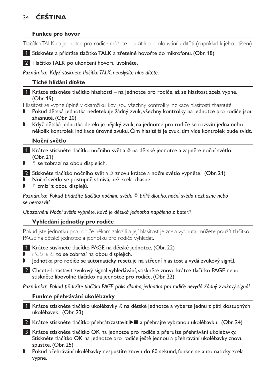 Funkce pro hovor, Tiché hlídání dítěte, Noční světlo | Vyhledání jednotky pro rodiče, Funkce přehrávání ukolébavky | Philips MONITOR SCD489 User Manual | Page 34 / 196