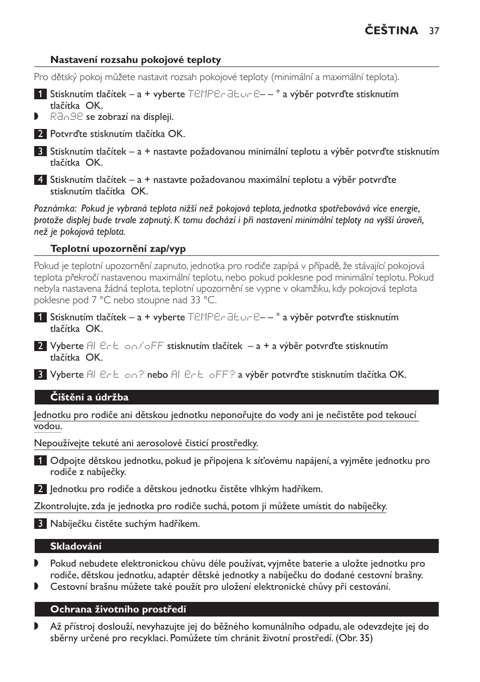 Teplotní upozornění zap/vyp, Čištění a údržba, Skladování | Ochrana životního prostředí | Philips MONITOR SCD489 User Manual | Page 37 / 196