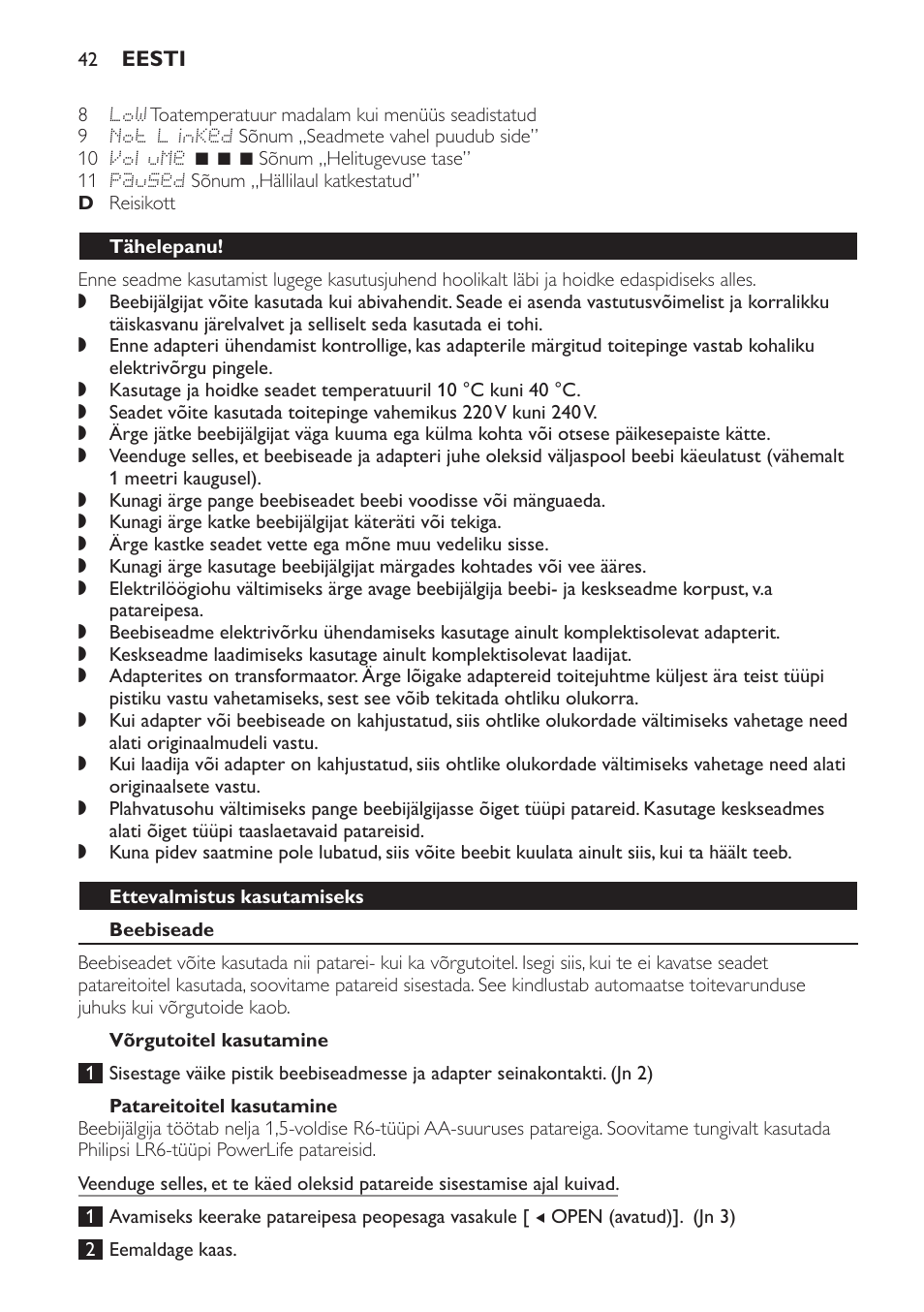 Tähelepanu, Ettevalmistus kasutamiseks, Beebiseade | Võrgutoitel kasutamine, Patareitoitel kasutamine | Philips MONITOR SCD489 User Manual | Page 42 / 196