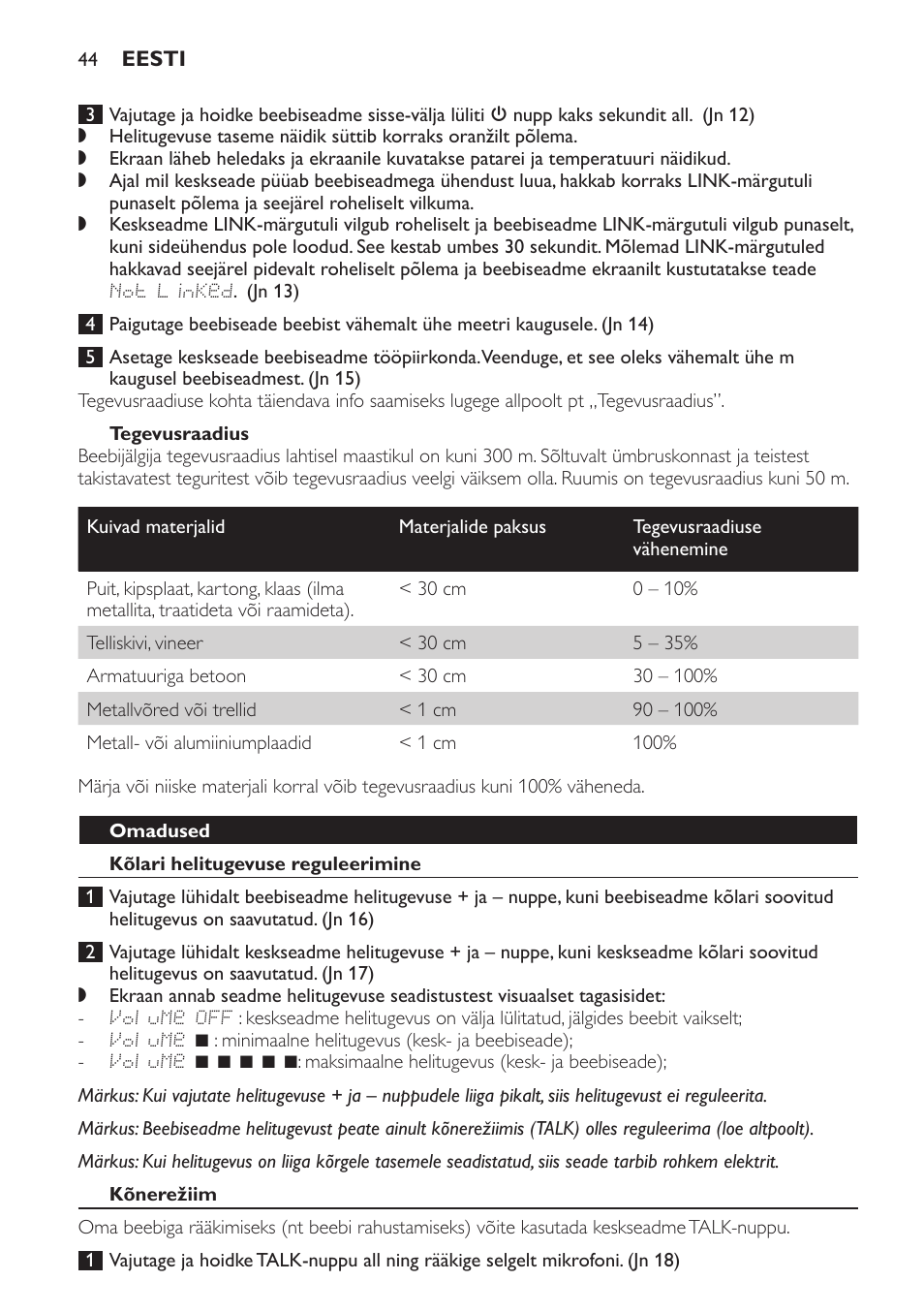 Tegevusraadius, Omadused, Kõlari helitugevuse reguleerimine | Kõnerežiim | Philips MONITOR SCD489 User Manual | Page 44 / 196