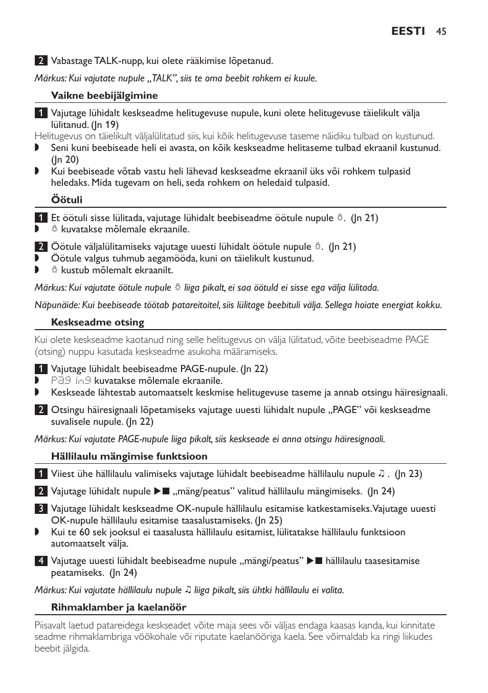 Vaikne beebijälgimine, Öötuli, Keskseadme otsing | Hällilaulu mängimise funktsioon, Rihmaklamber ja kaelanöör, Rihmaklambri kinnitamine | Philips MONITOR SCD489 User Manual | Page 45 / 196