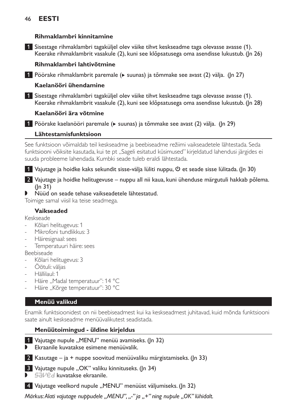 Rihmaklambri lahtivõtmine, Kaelanööri ühendamine, Kaelanööri ära võtmine | Lähtestamisfunktsioon, Vaikseaded, Menüü valikud, Menüütoimingud - üldine kirjeldus | Philips MONITOR SCD489 User Manual | Page 46 / 196