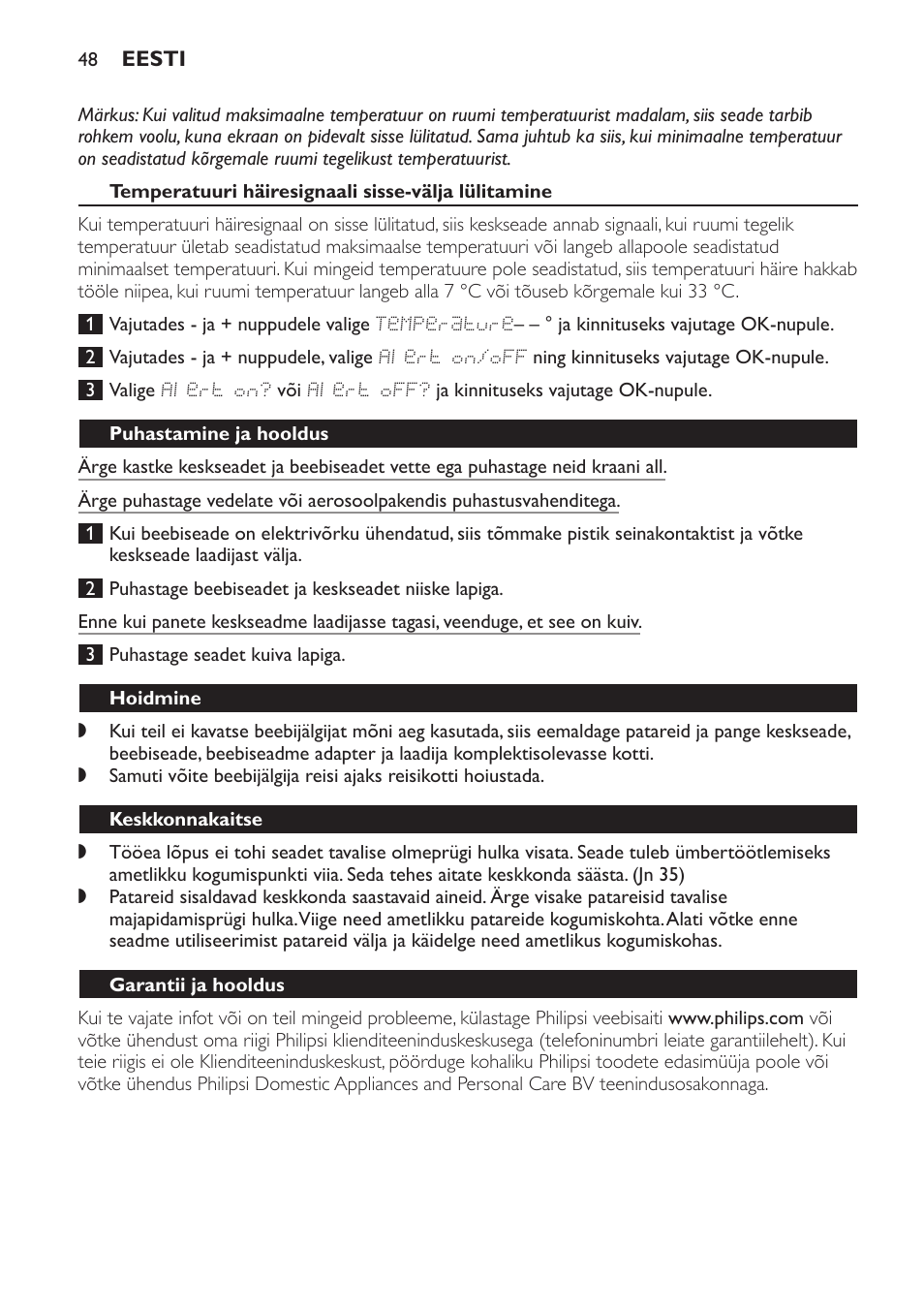 Temperatuuri häiresignaali sisse-välja lülitamine, Puhastamine ja hooldus, Hoidmine | Keskkonnakaitse, Garantii ja hooldus, Sageli esitatavad küsimused | Philips MONITOR SCD489 User Manual | Page 48 / 196