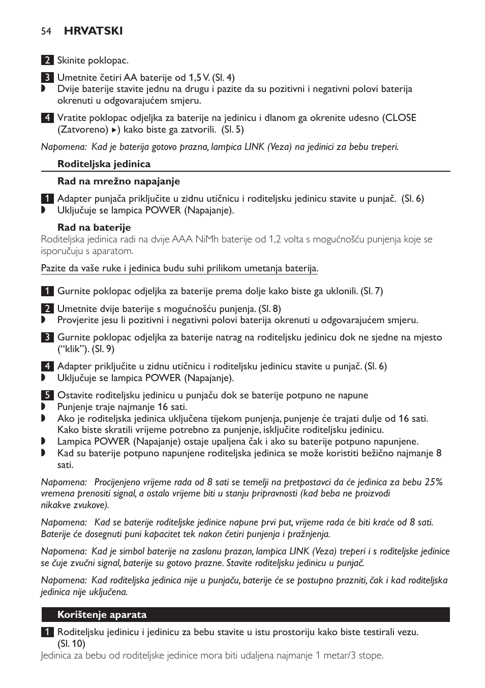 Roditeljska jedinica, Rad na mrežno napajanje, Rad na baterije | Korištenje aparata | Philips MONITOR SCD489 User Manual | Page 54 / 196