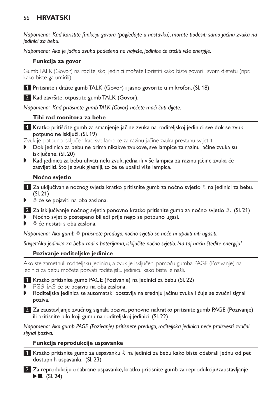 Funkcija za govor, Tihi rad monitora za bebe, Noćno svjetlo | Pozivanje roditeljske jedinice, Funkcija reprodukcije uspavanke | Philips MONITOR SCD489 User Manual | Page 56 / 196