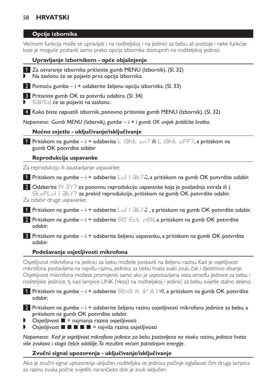 Opcije izbornika, Upravljanje izbornikom - opće objašnjenje, Noćno svjetlo - uključivanje/isključivanje | Reprodukcija uspavanke, Podešavanje osjetljivosti mikrofona | Philips MONITOR SCD489 User Manual | Page 58 / 196