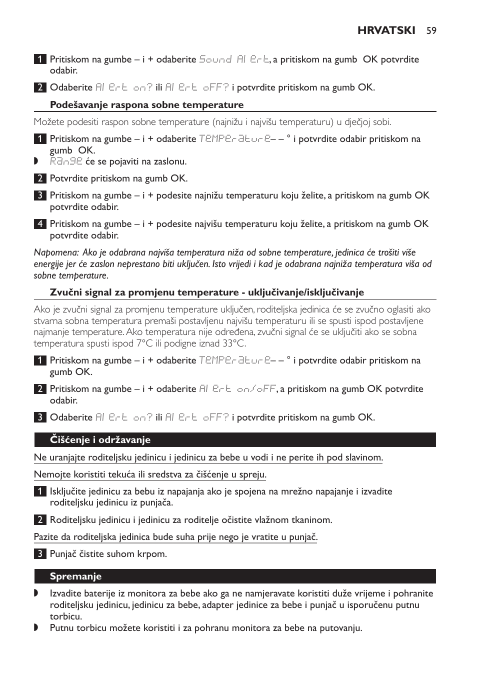 Podešavanje raspona sobne temperature, Čišćenje i održavanje, Spremanje | Zaštita okoliša | Philips MONITOR SCD489 User Manual | Page 59 / 196