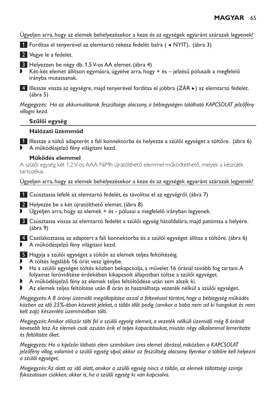 Szülői egység, Hálózati üzemmód, Működés elemmel | Philips MONITOR SCD489 User Manual | Page 65 / 196