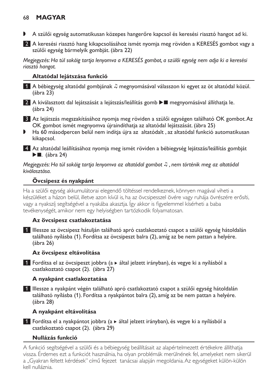 Altatódal lejátszása funkció, Övcsipesz és nyakpánt, Az övcsipesz csatlakoztatása | Az övcsipesz eltávolítása, A nyakpánt csatlakoztatása, A nyakpánt eltávolítása, Nullázás funkció | Philips MONITOR SCD489 User Manual | Page 68 / 196