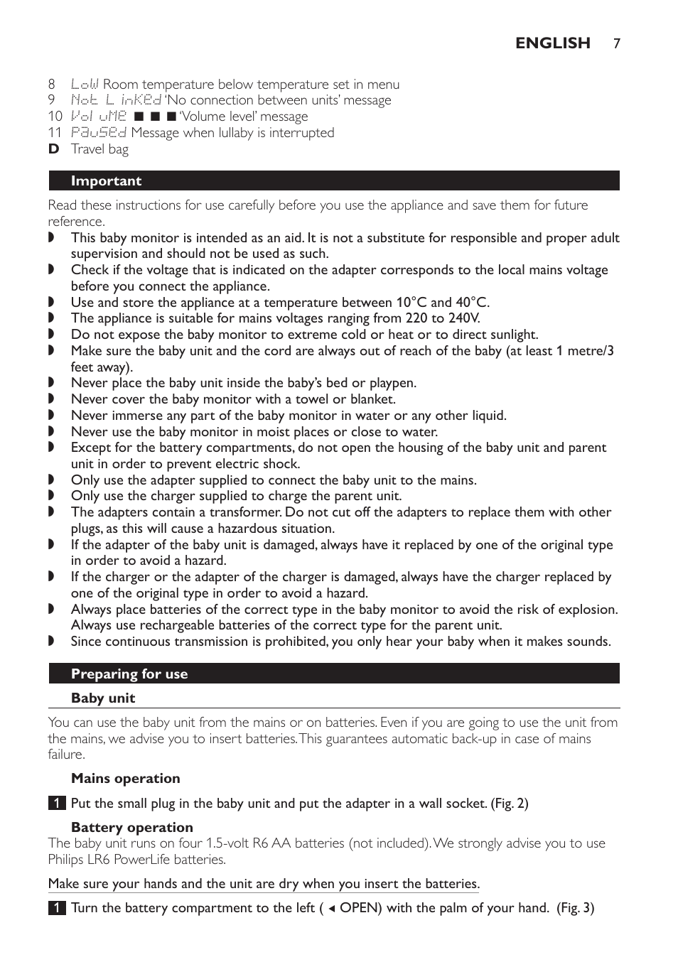 Important, Preparing for use, Baby unit | Mains operation, Battery operation | Philips MONITOR SCD489 User Manual | Page 7 / 196